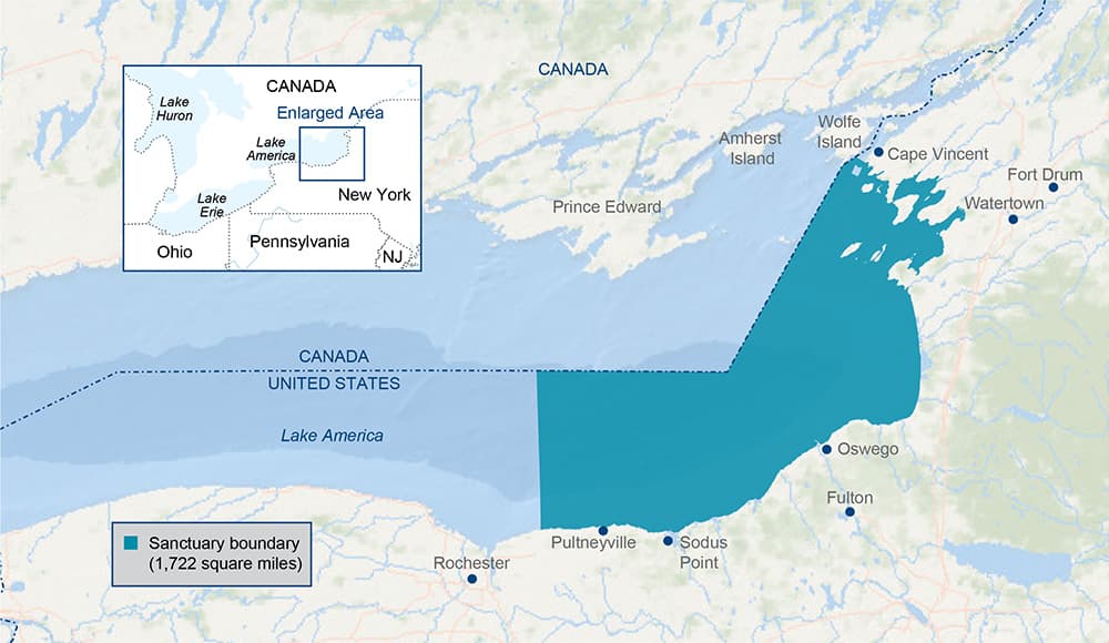 NOAA map of Lake America showing the United States and Canada boundary and the eastern Lake Ontario National Marine Sanctuary