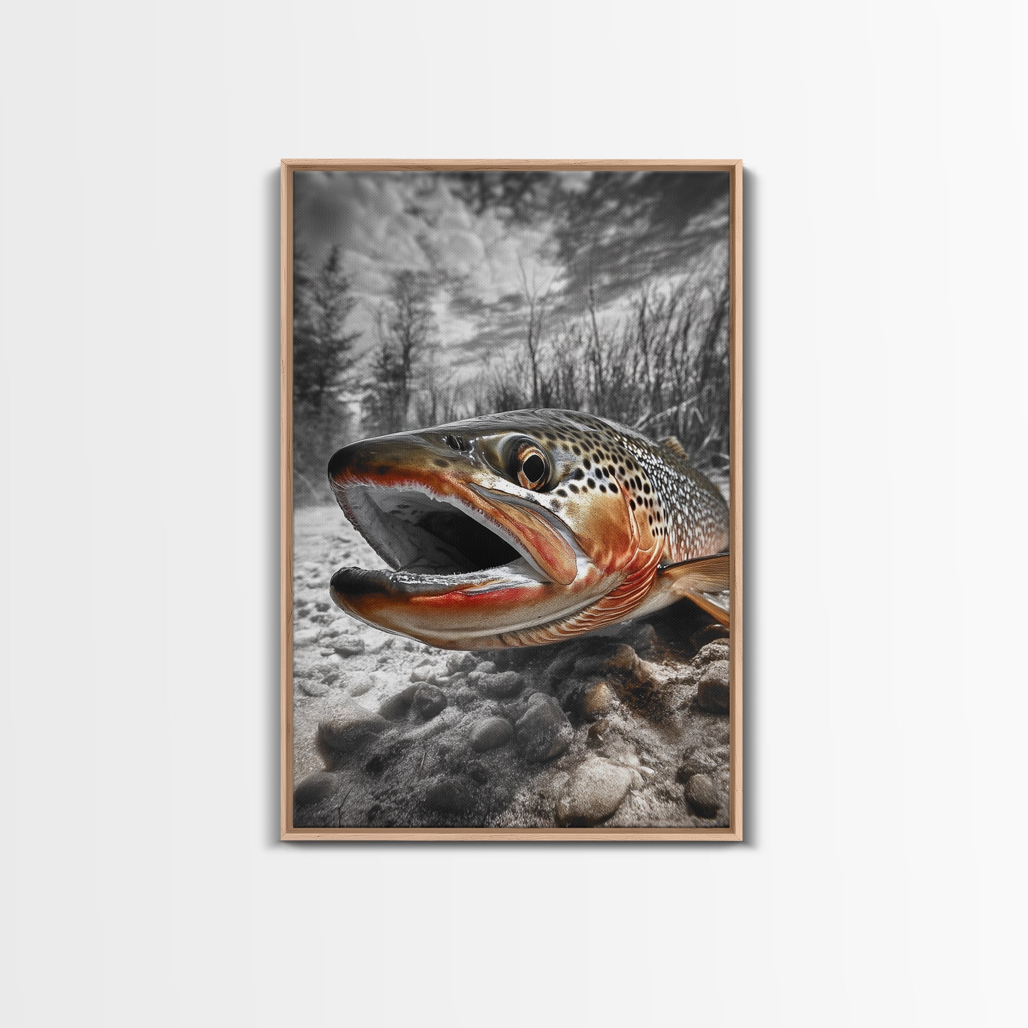 Brown Trout Closeup, Riverbed Focus, Dramatic Fish Art, Framed Canvas Print, Fisherman Gift, Cabin Wall Art, Rustic Outdoor D