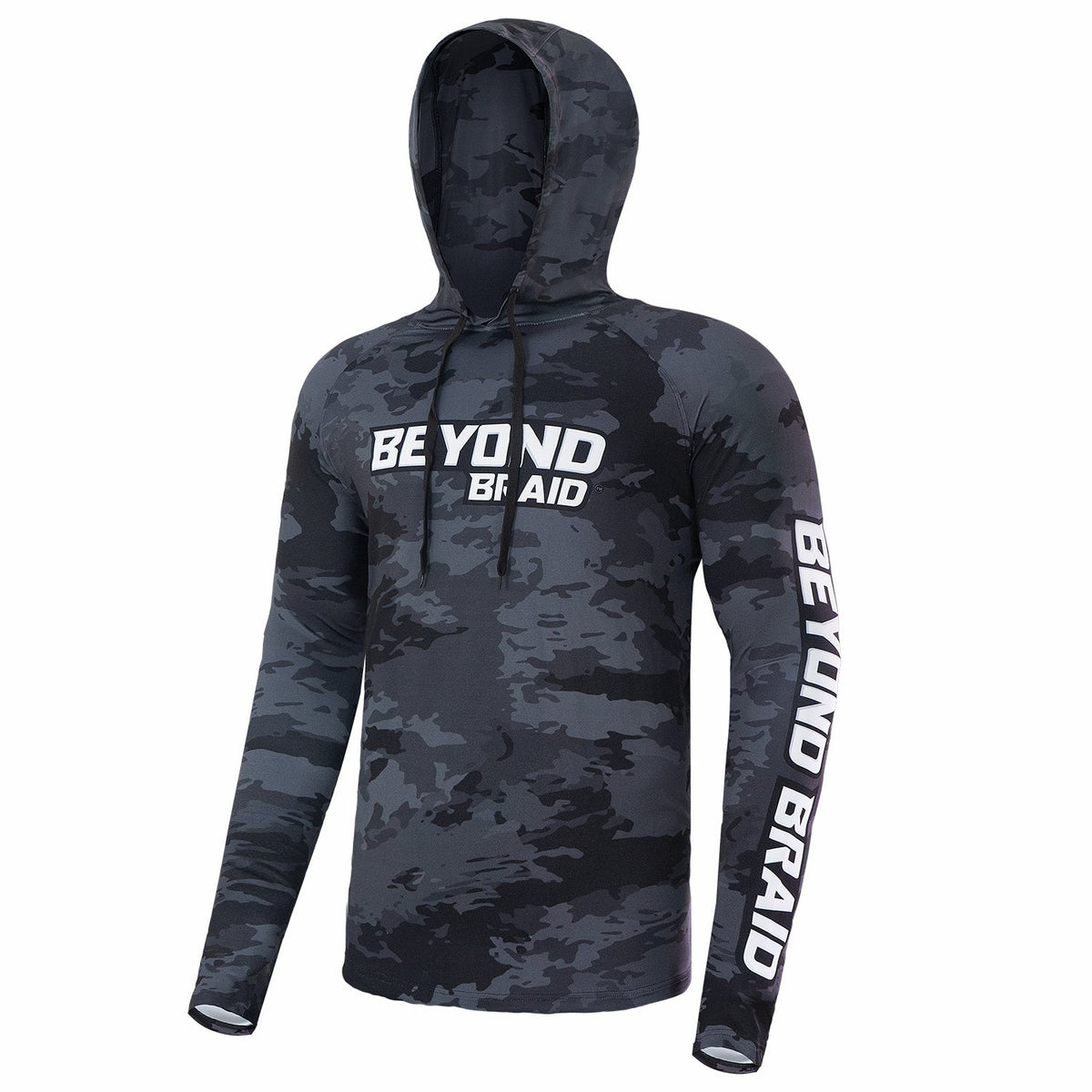 Black camouflage hoodie with 'BEYOND BRAID' branding on a white background