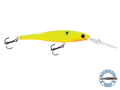 Yellow fishing lure with treble hooks on a white background