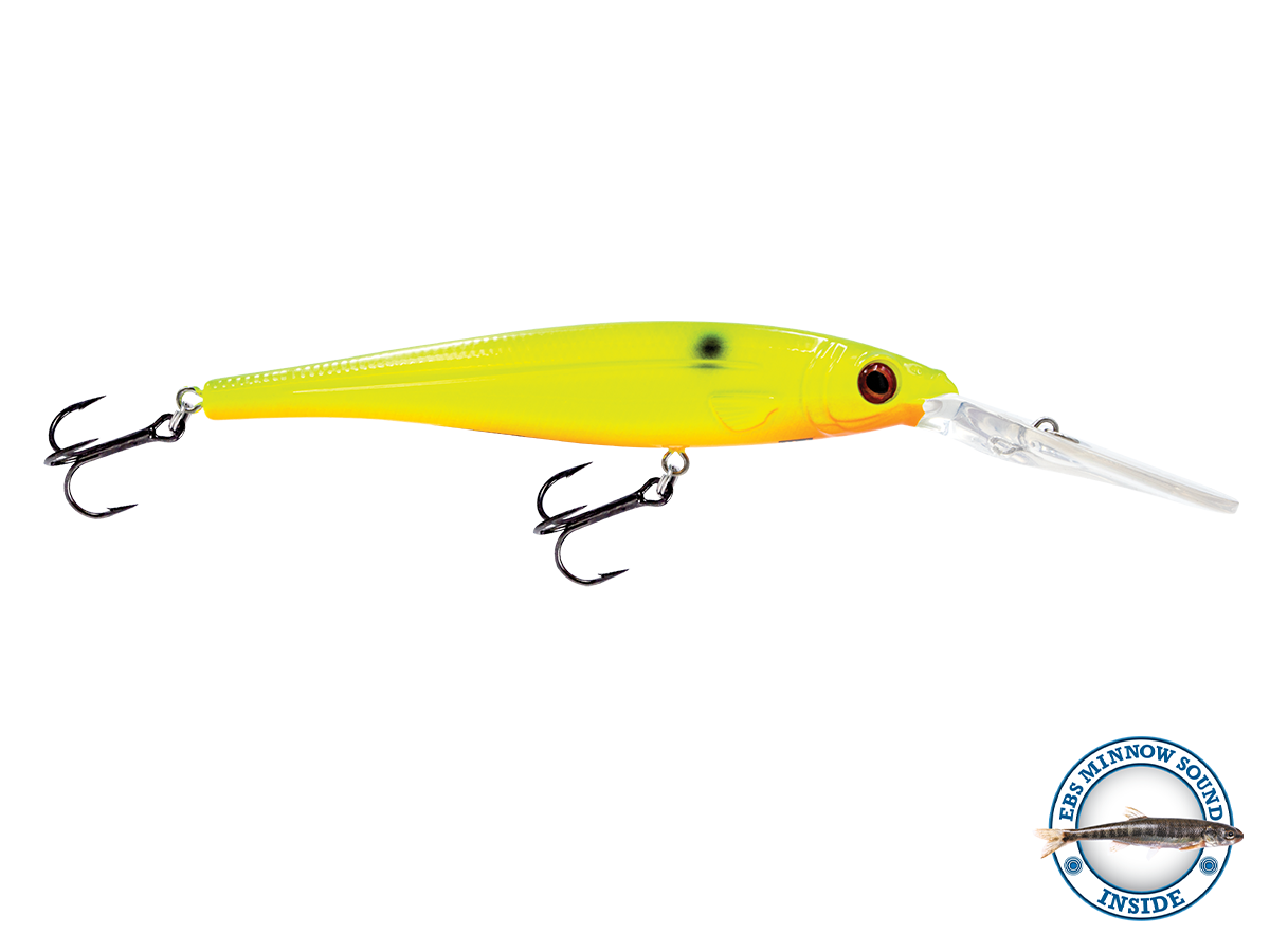 Yellow fishing lure with treble hooks on a white background