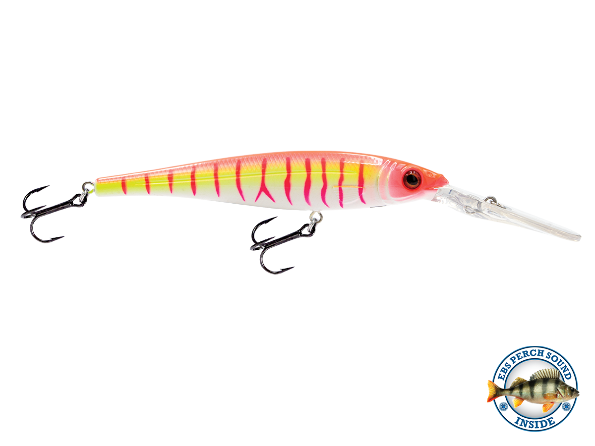 Fishing lure with pink and yellow stripes on a white background, featuring a perch symbol.