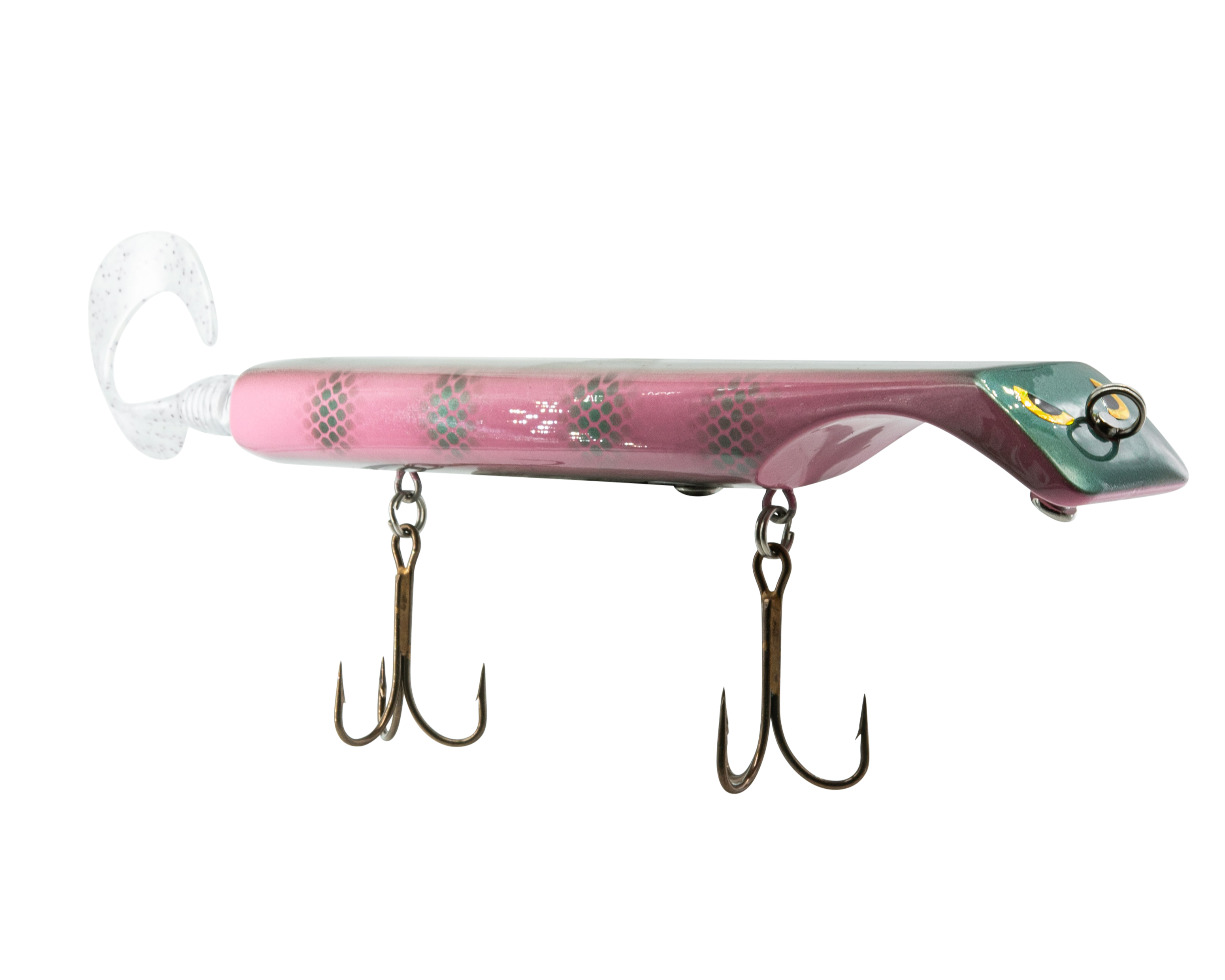 Pink and green fishing lure with treble hooks on a white background