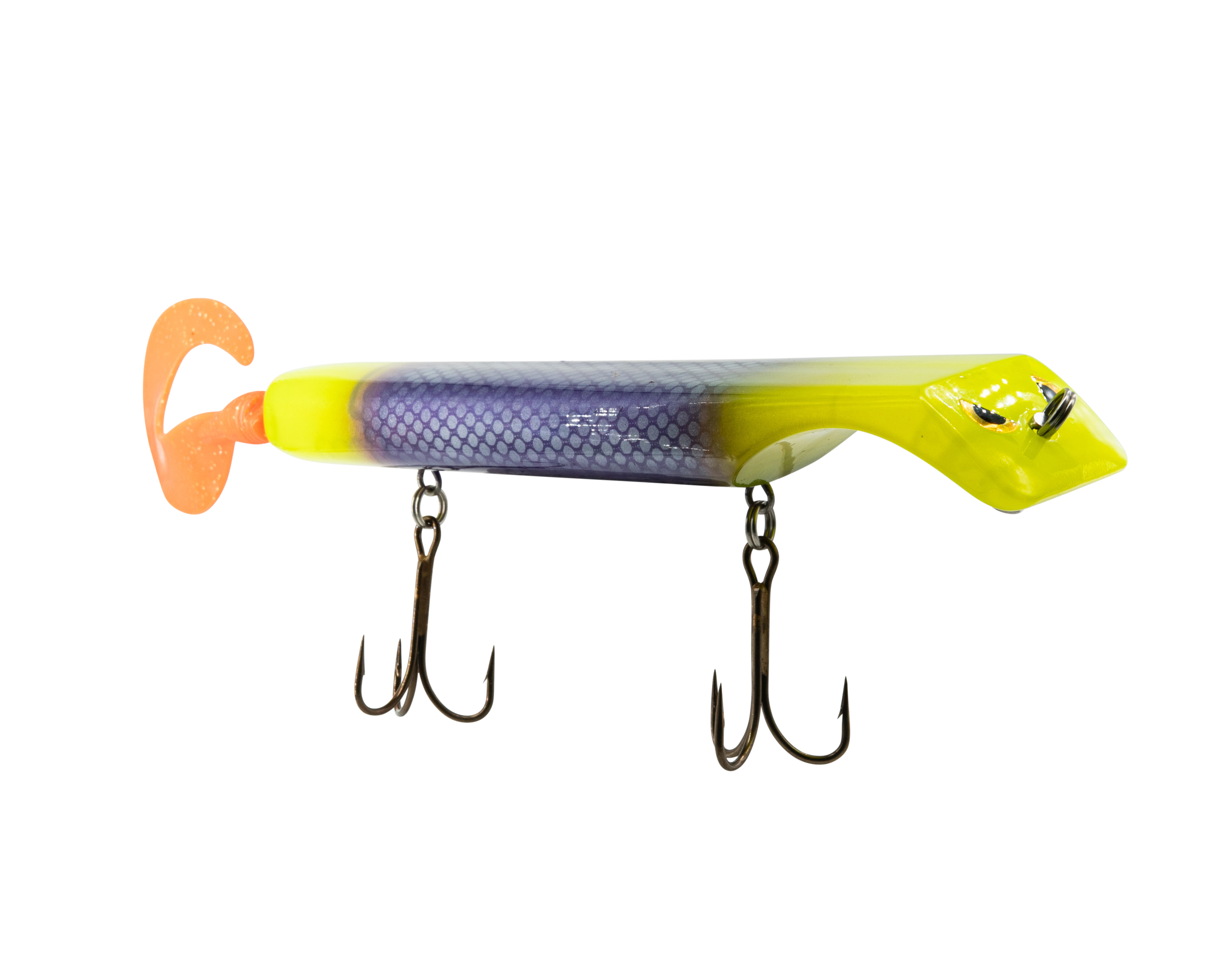 Fishing lure with a purple and yellow body on a white background