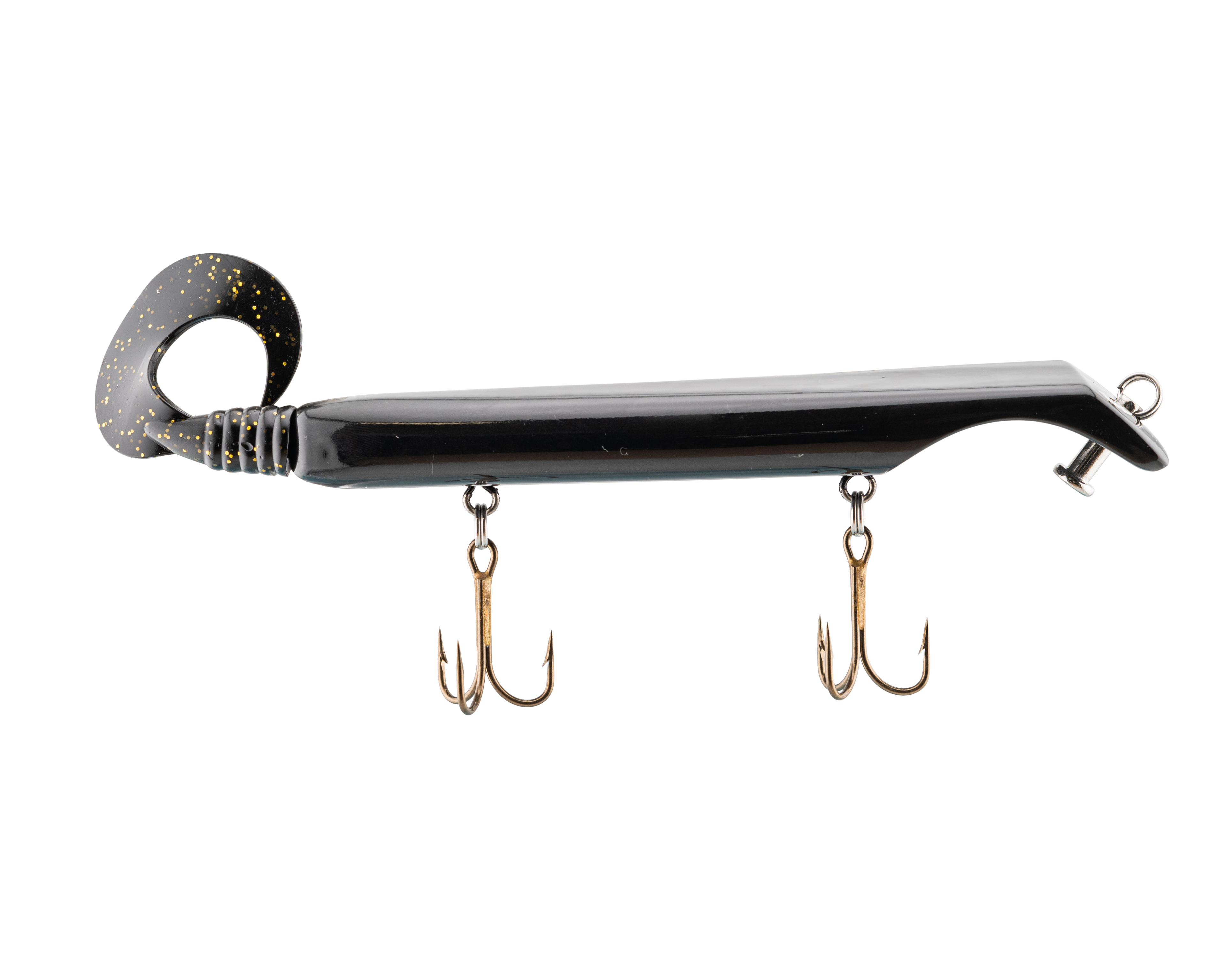 Fishing lure with treble hooks on a white background