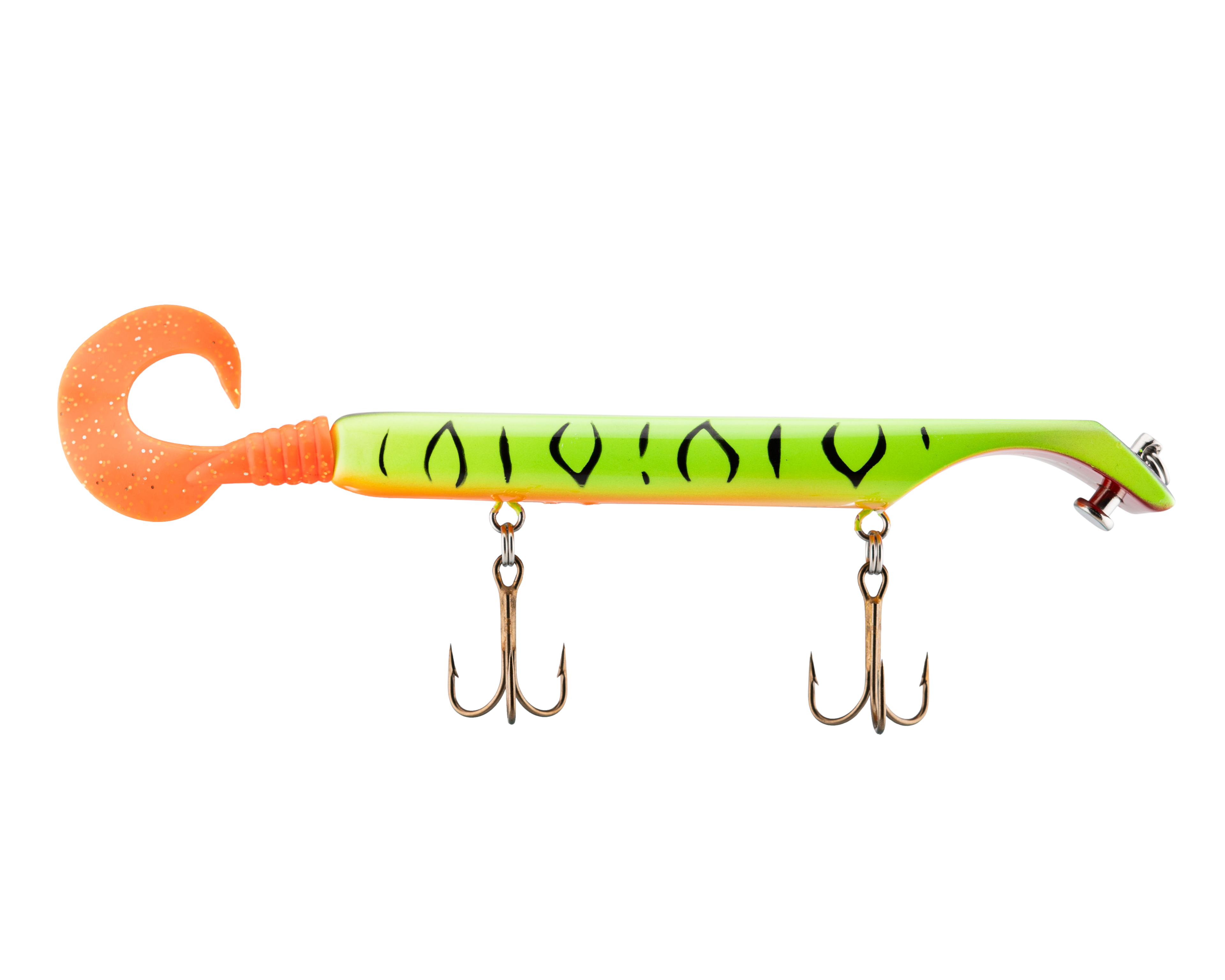 Fishing lure with orange and green body on a white background