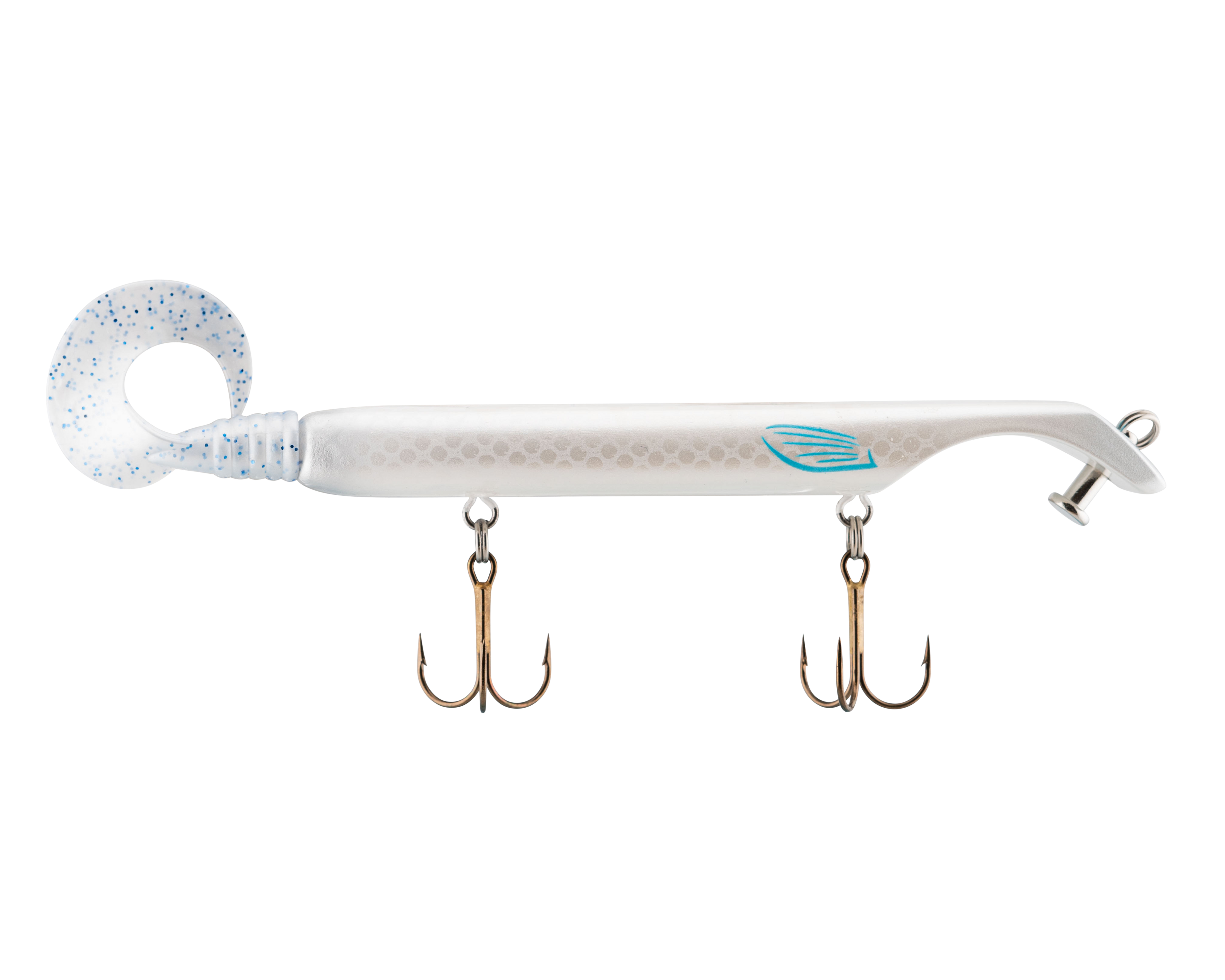 Fishing lure with treble hooks on a white background