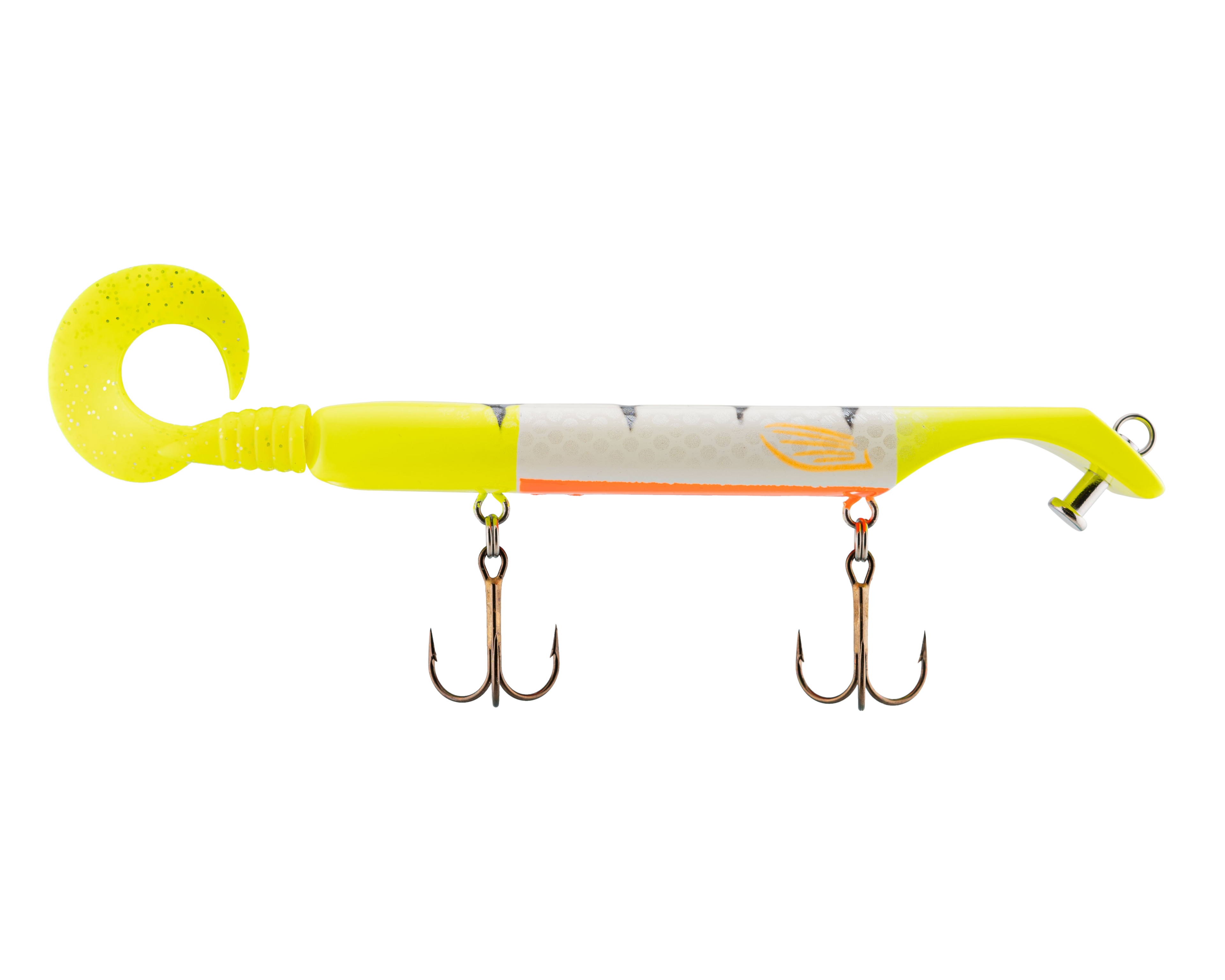 Fishing lure with a yellow body and multiple hooks on a white background