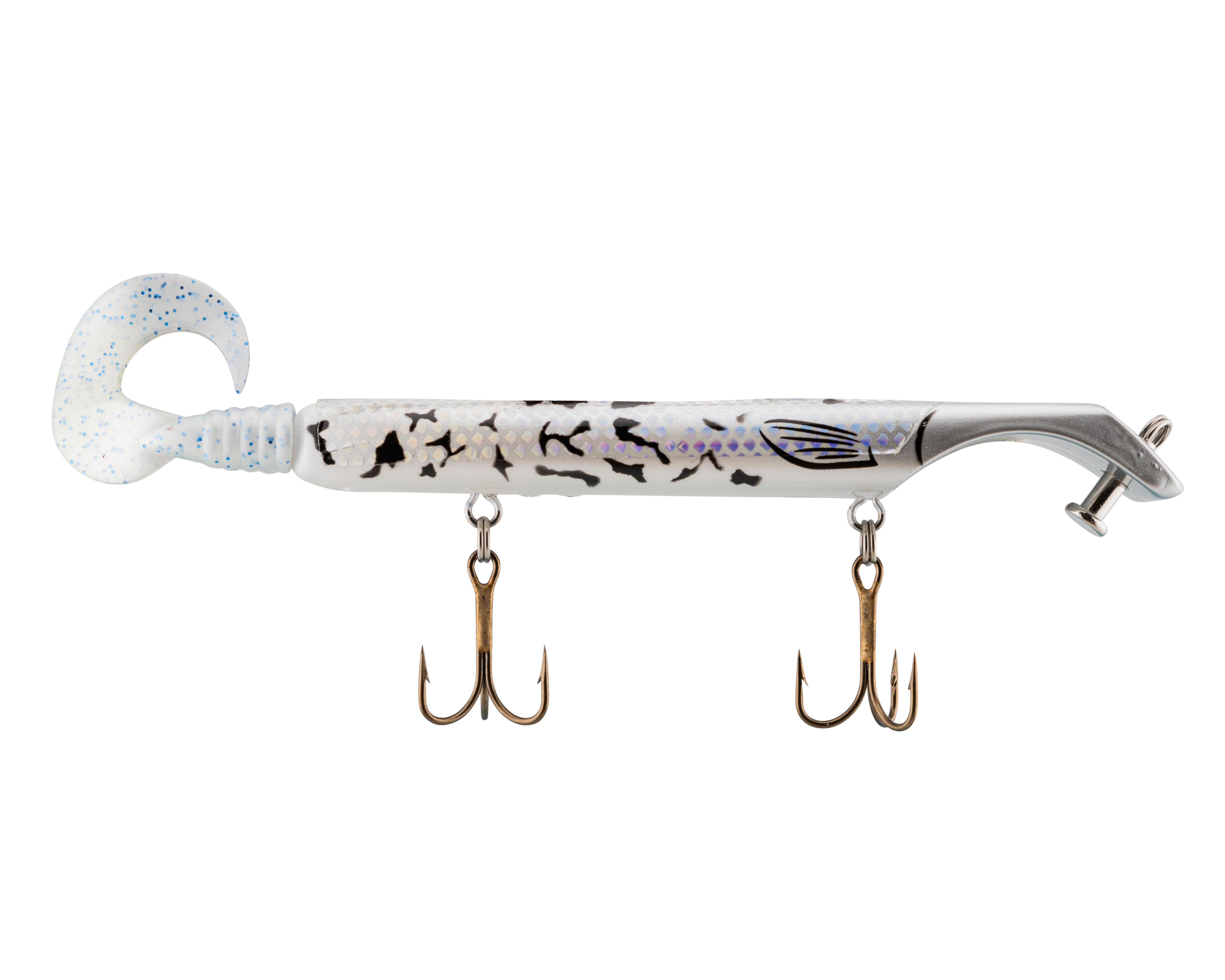 Fishing lure with multiple hooks on a white background