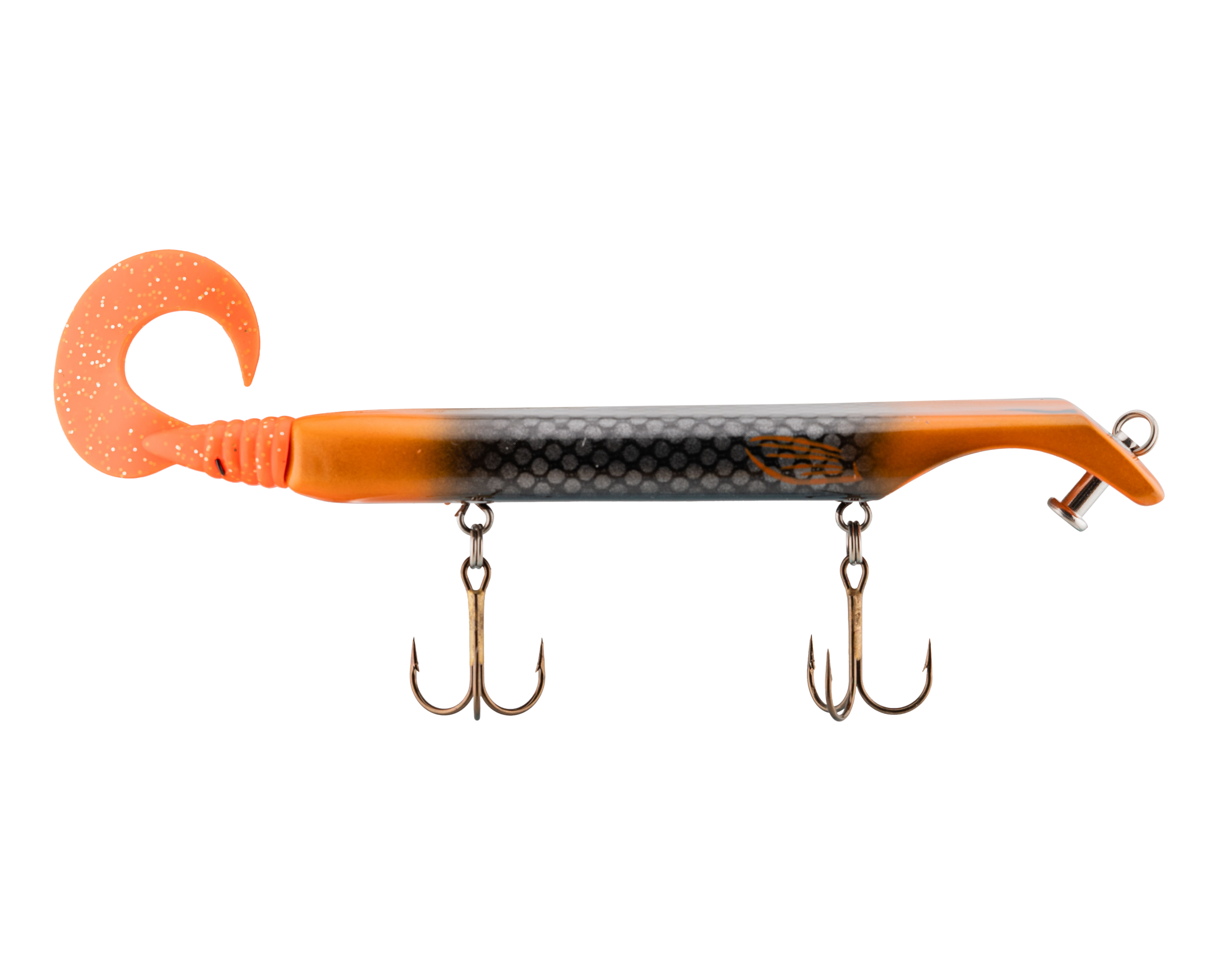 Fishing lure with orange and black design on a white background