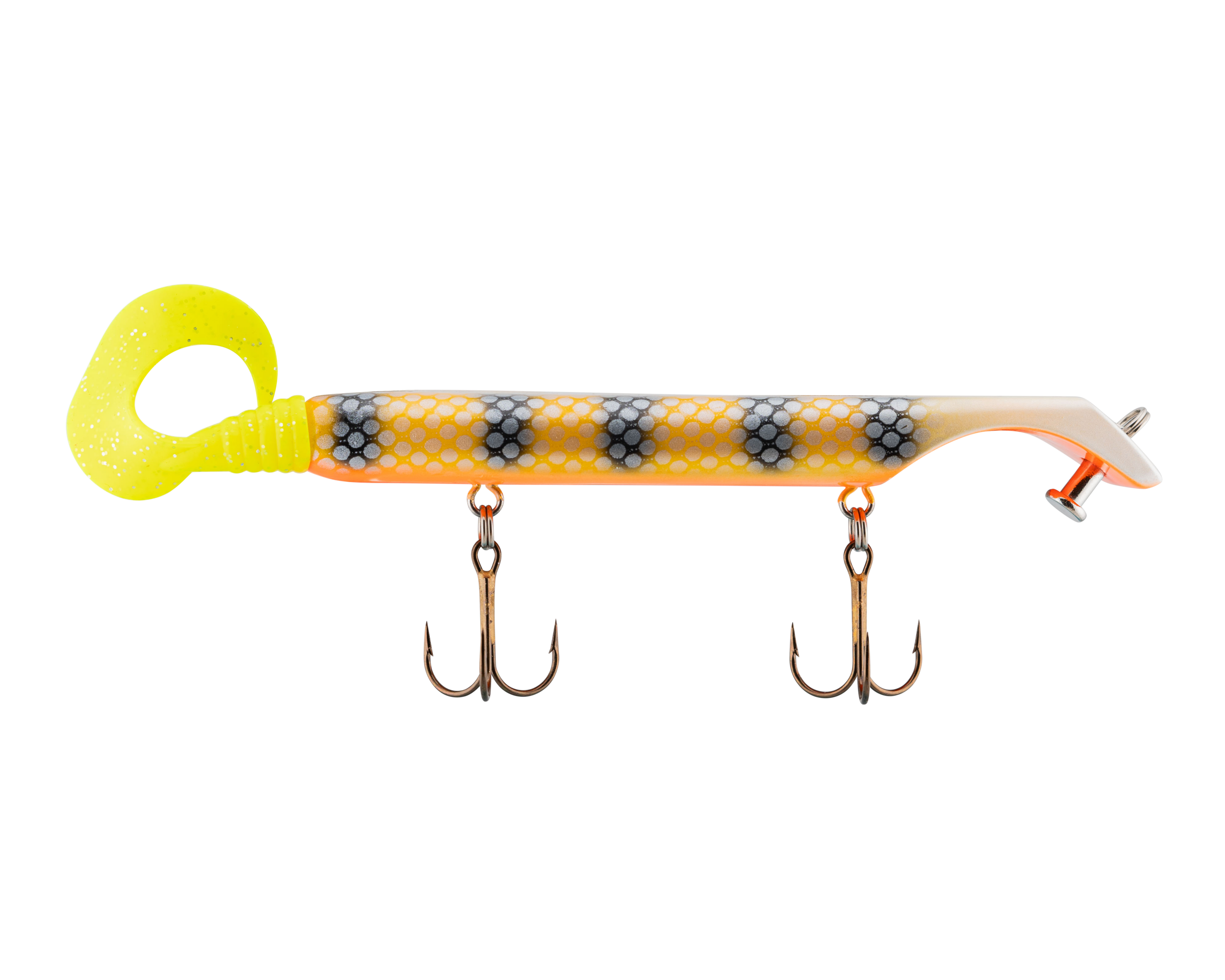 Fishing lure with a yellow and orange body and two hooks on a white background