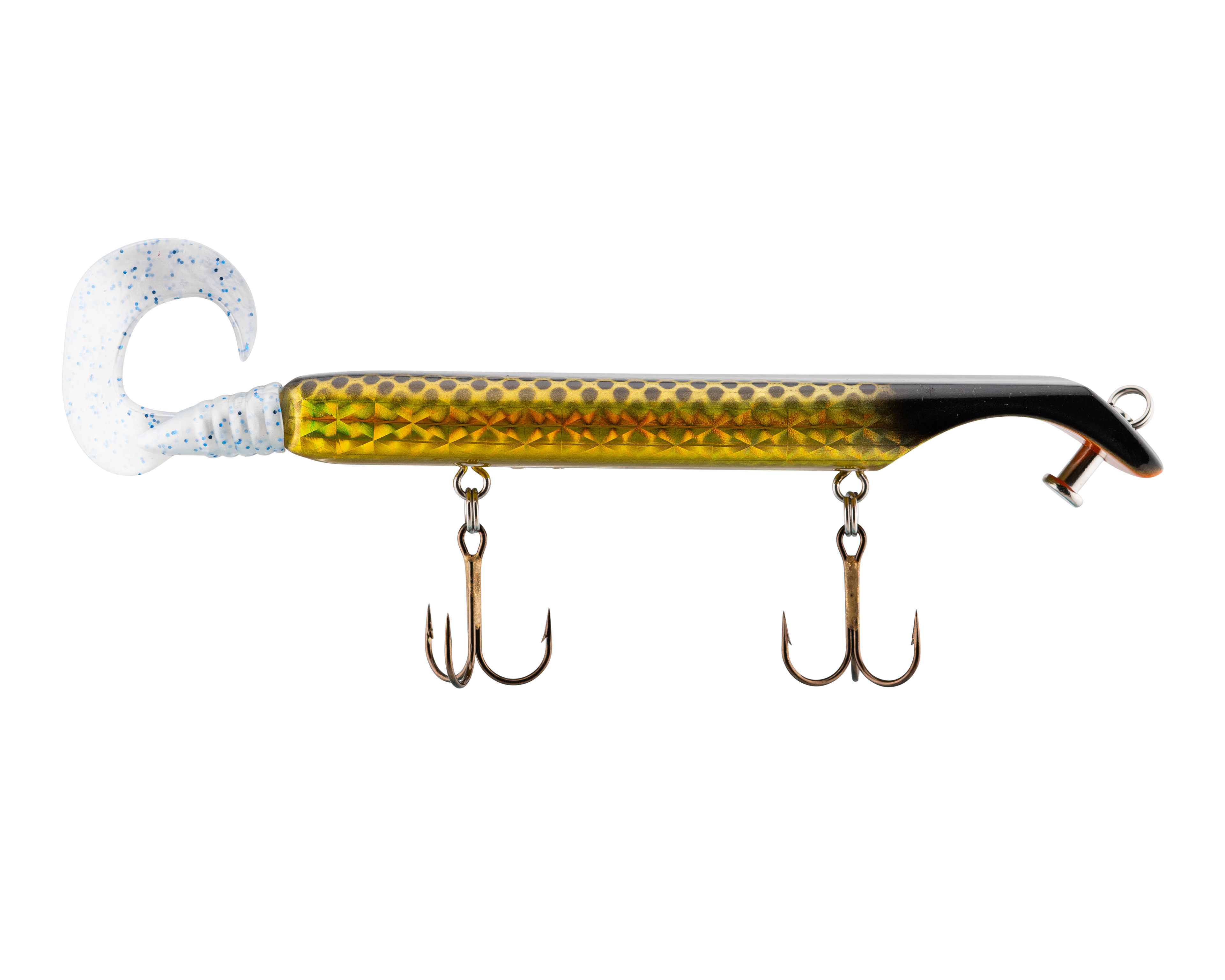 Fishing lure with treble hooks on a white background