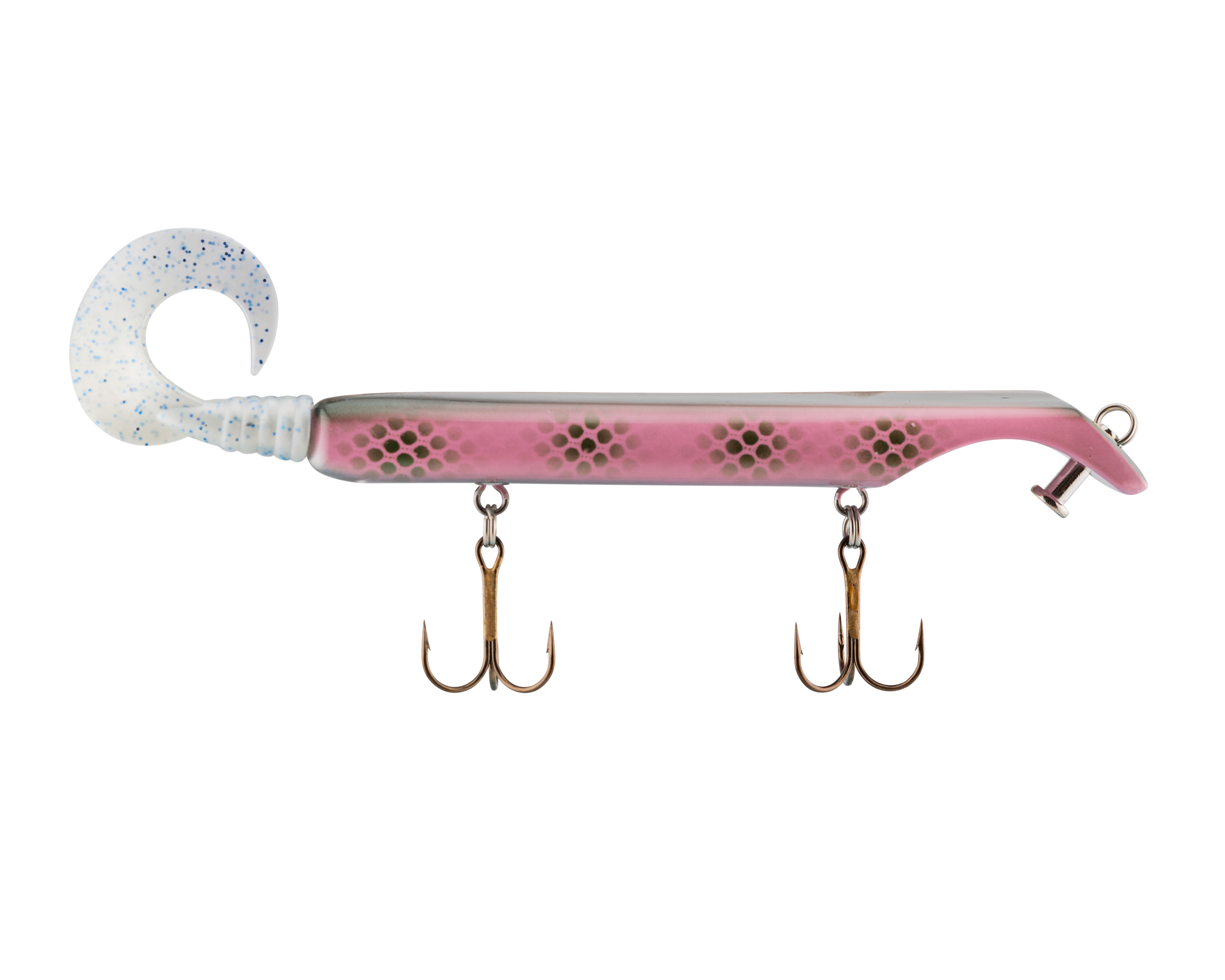 Pink and white fishing lure with three hooks on a white background