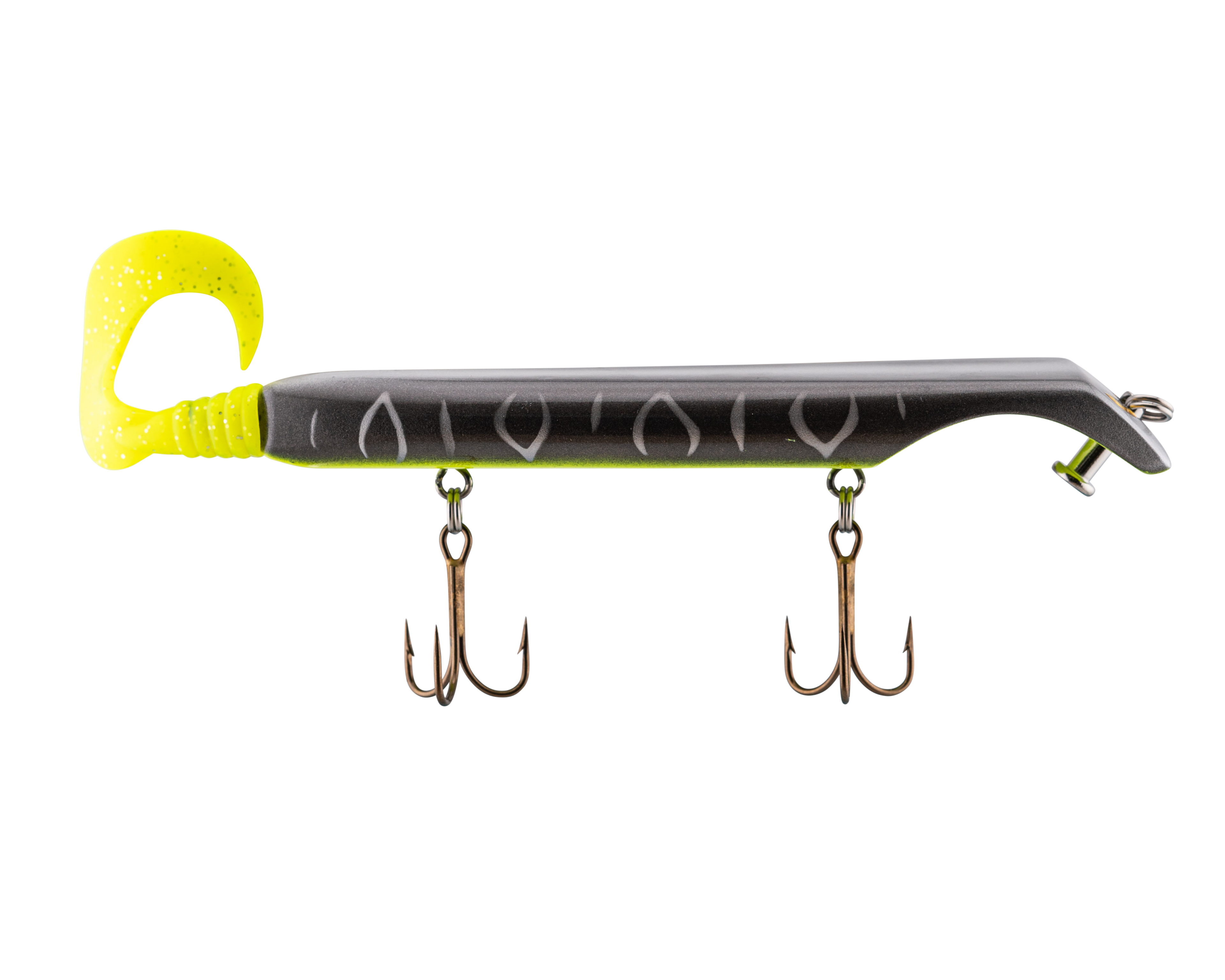 black with silver tiger stripes dive N' rise Fishing lure with a yellow grub tail and two treble hooks on a white background