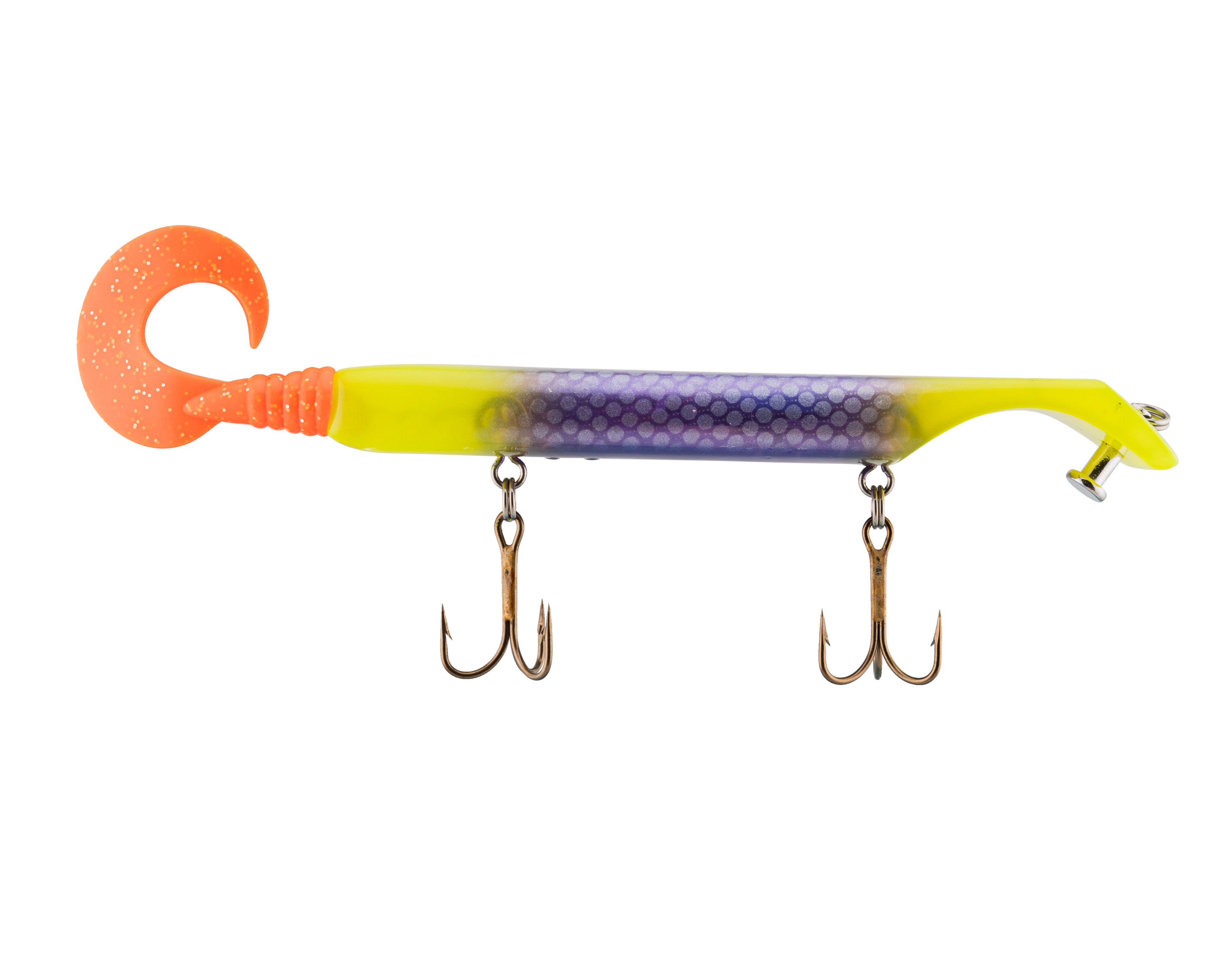 Fishing lure with a colorful body and treble hooks on a white background