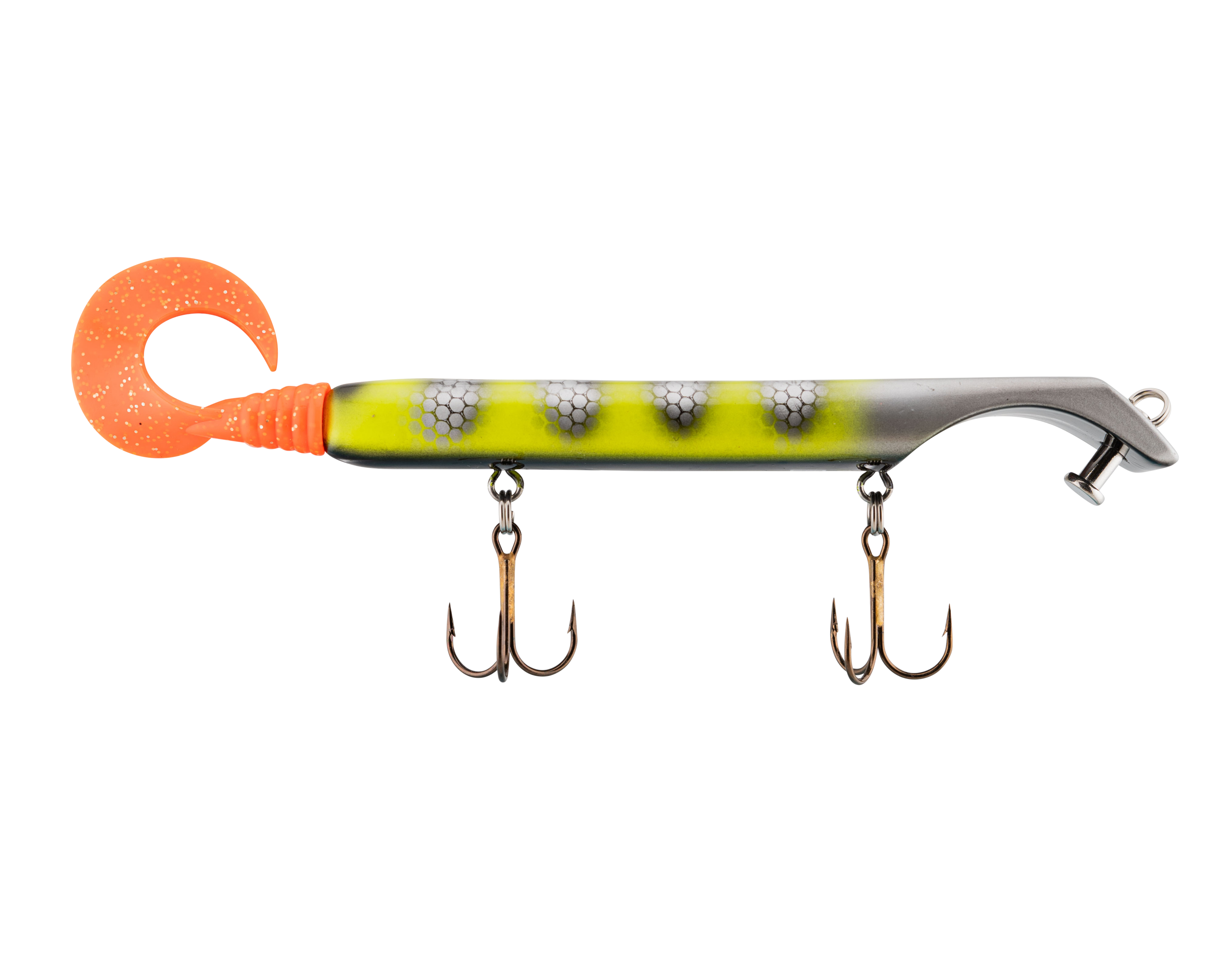 Fishing lure with a orange tail and multiple hooks on a white background