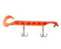 Orange fishing lure with two hooks on a white background