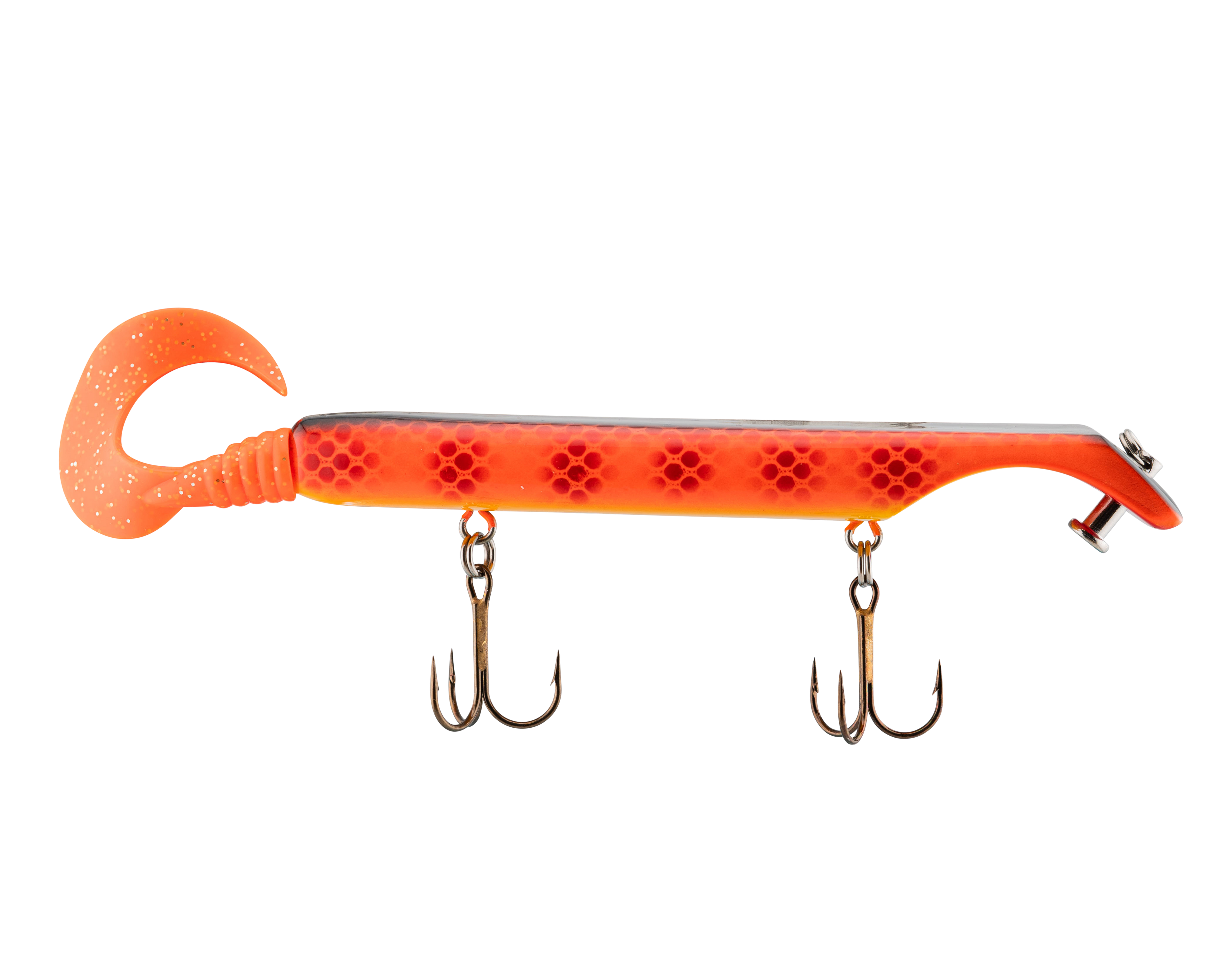Orange fishing lure with two hooks on a white background