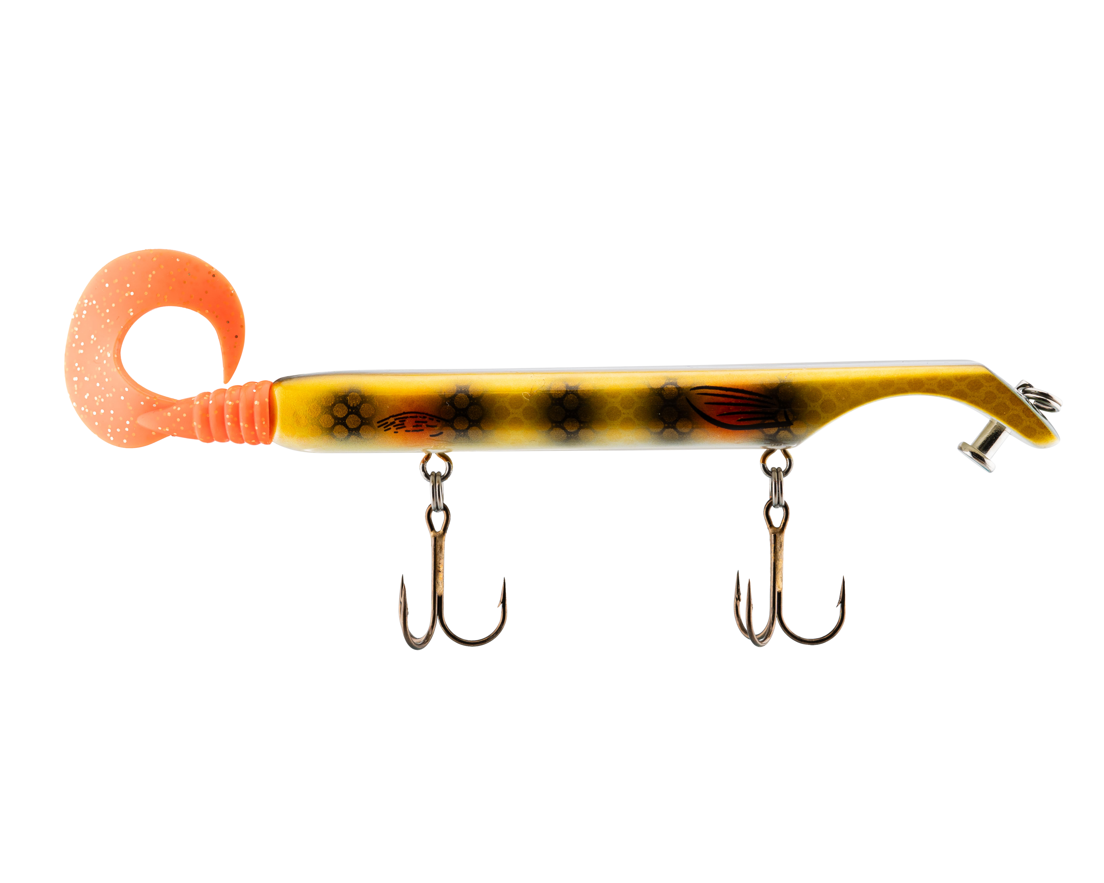 Fishing lure with a curved blade and three hooks on a white background