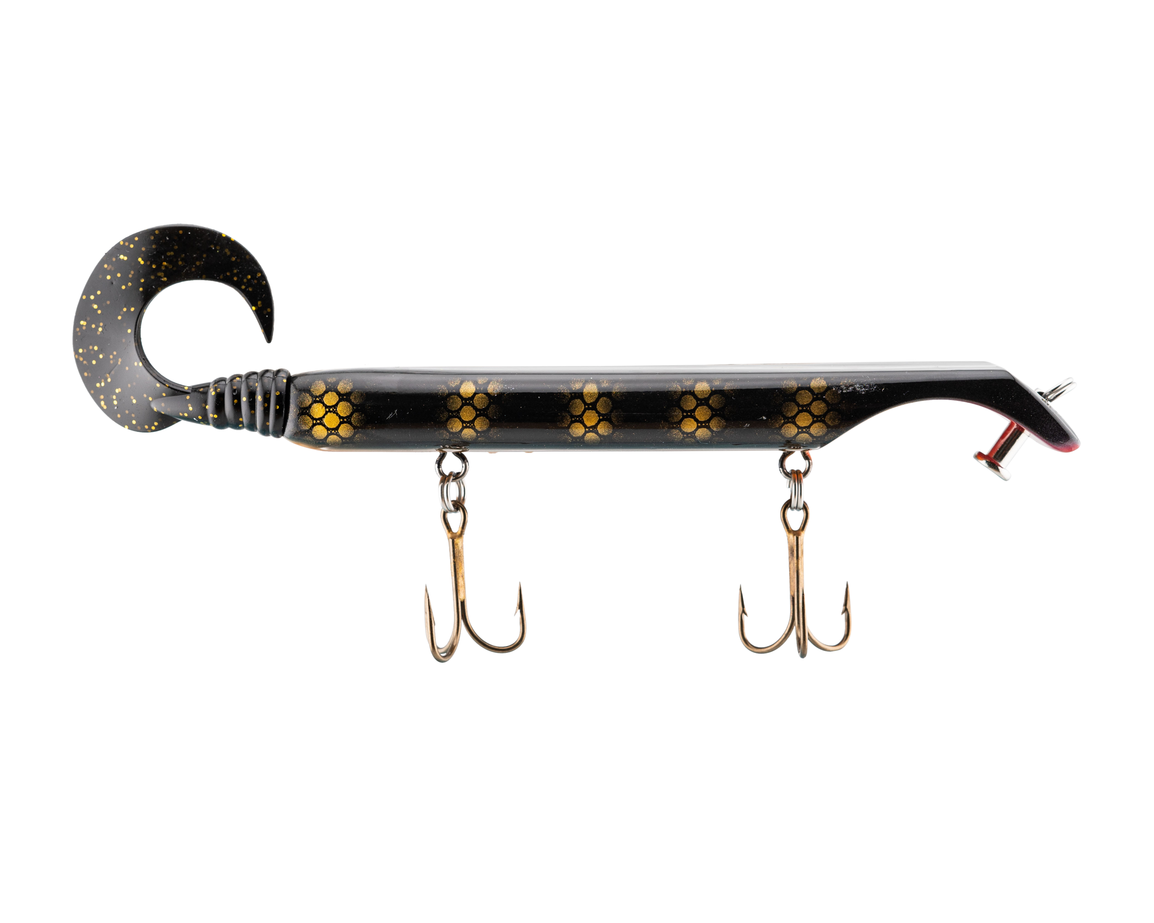Fishing lure with multiple hooks on a white background