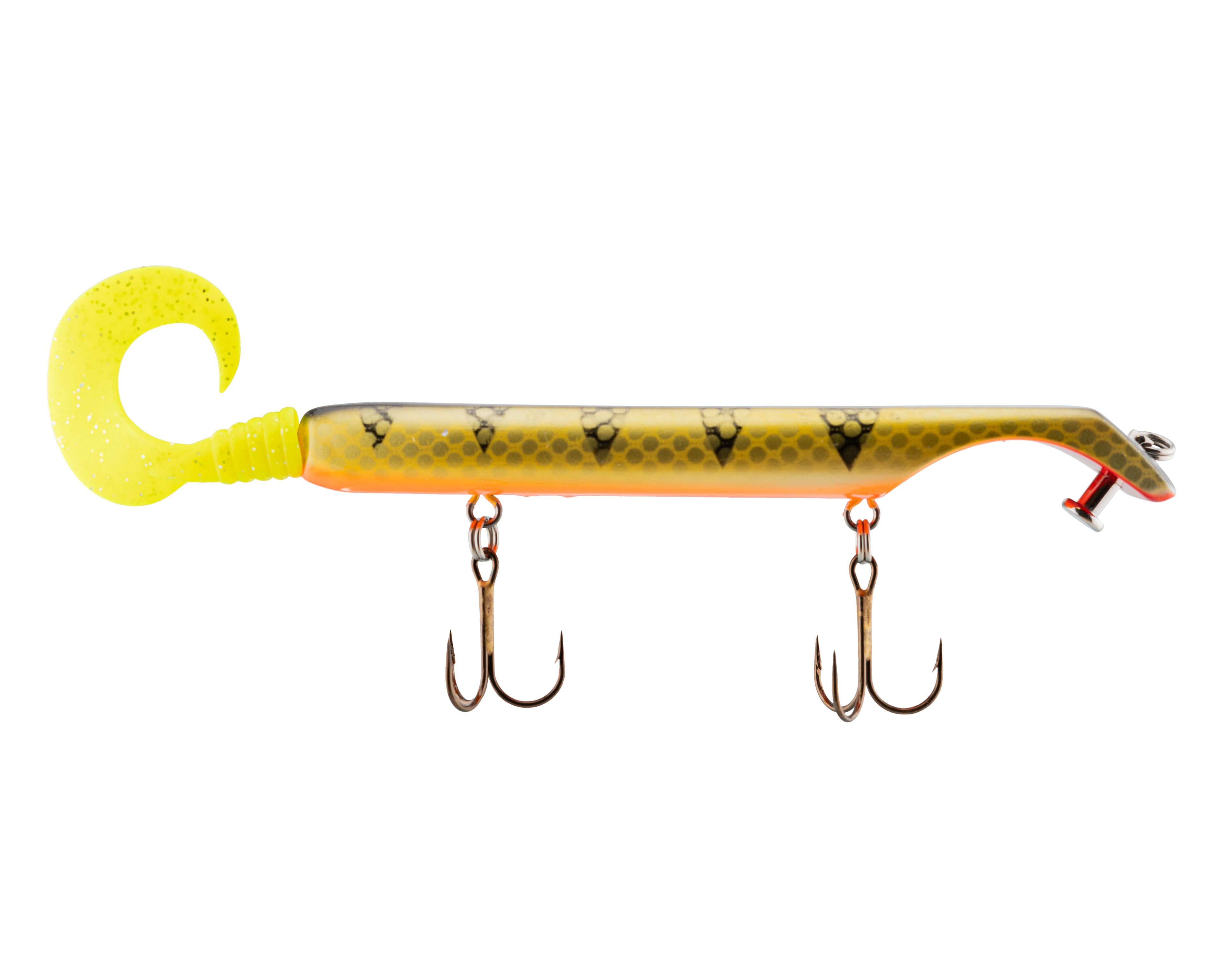 Fishing lure with a yellow and orange body on a white background
