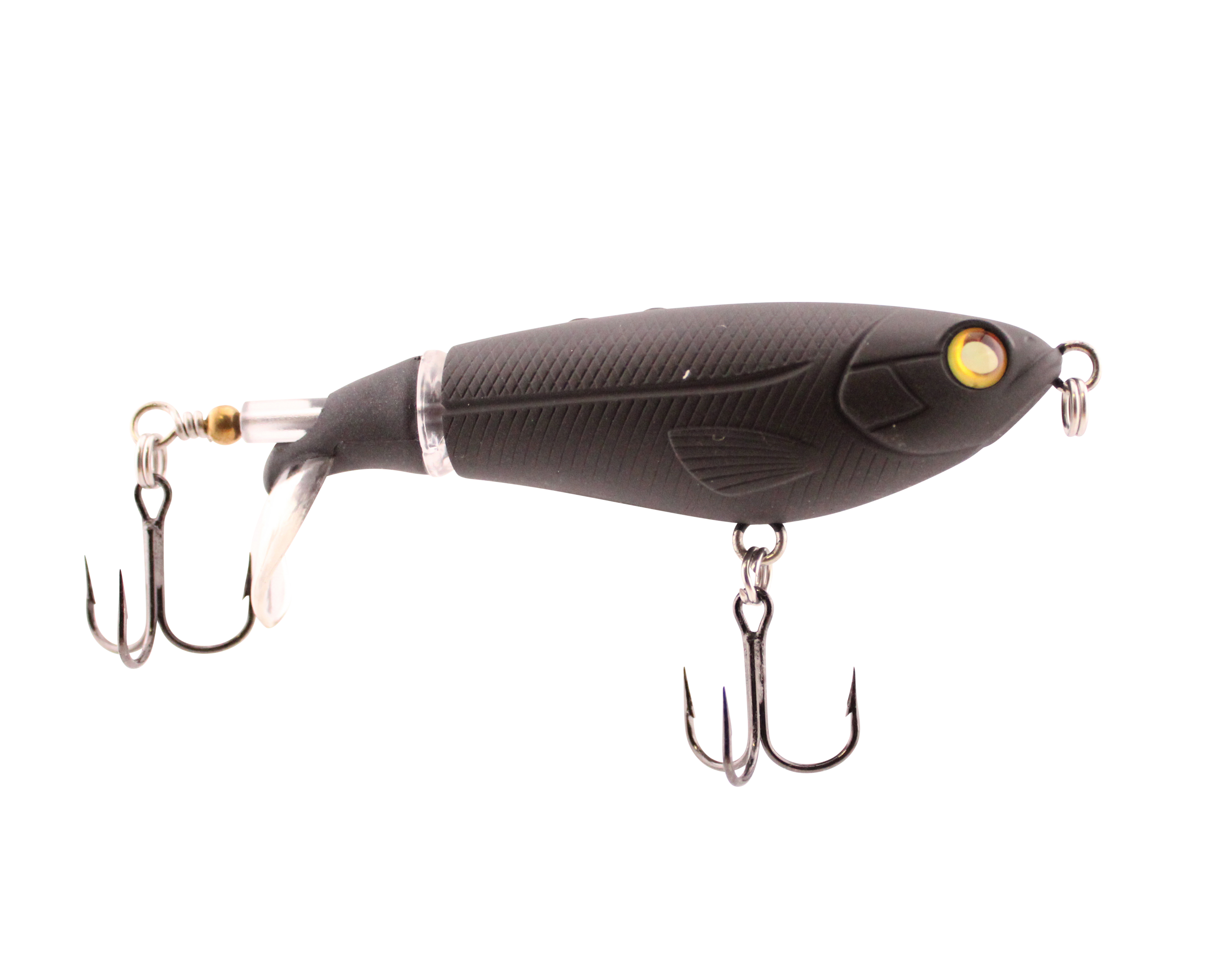Black fishing lure with gold eye and treble hooks on a white background
