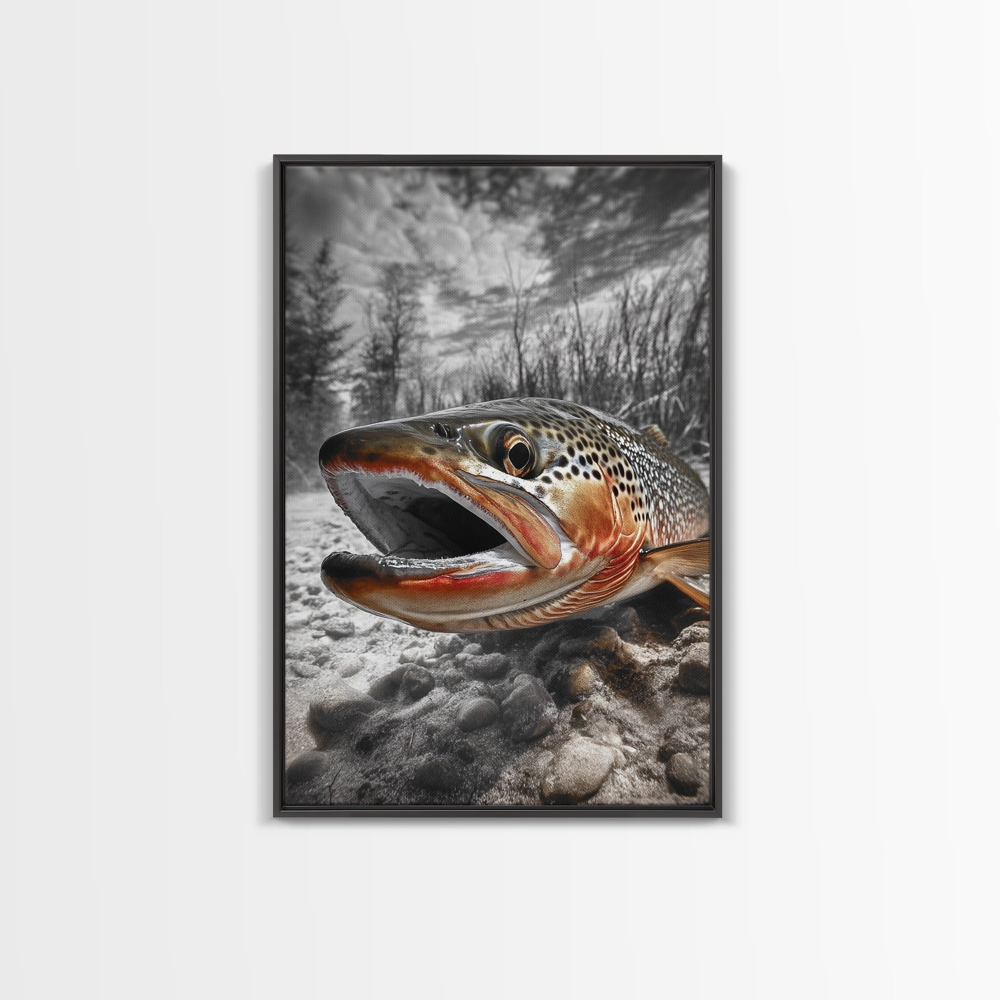 Brown Trout Closeup, Riverbed Focus, Dramatic Fish Art, Framed Canvas Print, Fisherman Gift, Cabin Wall Art, Rustic Outdoor D