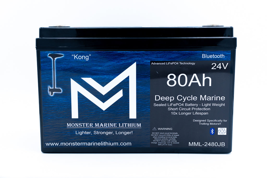 Monster Marine lithium battery with blue label on a white background