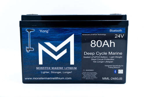 Monster Marine lithium battery with blue label on a white background