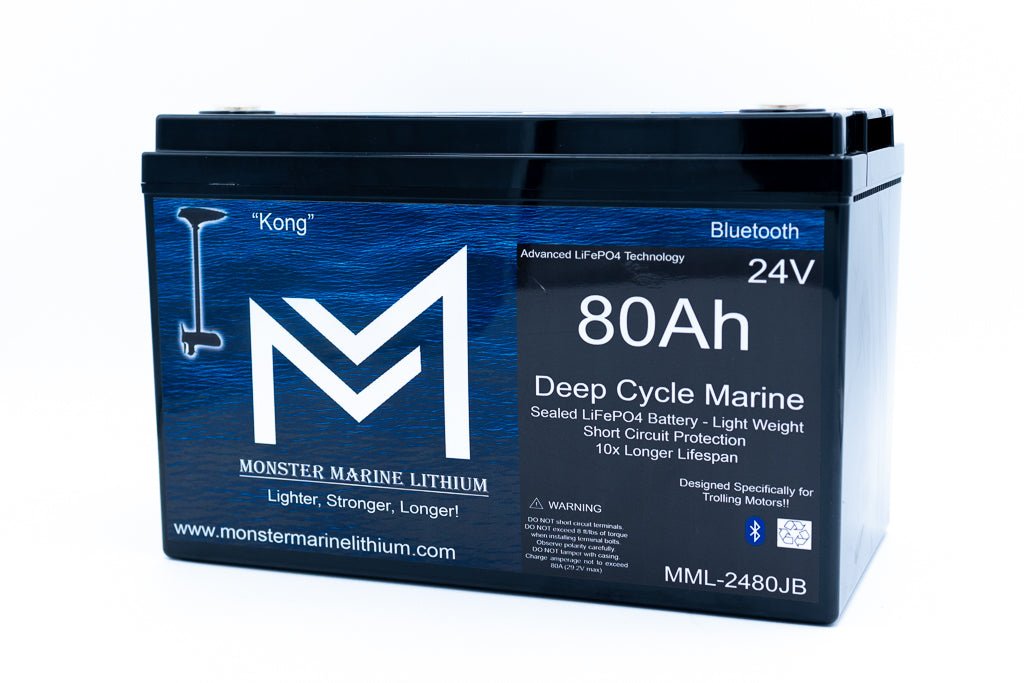 Monster Marine lithium battery with blue label on a white background