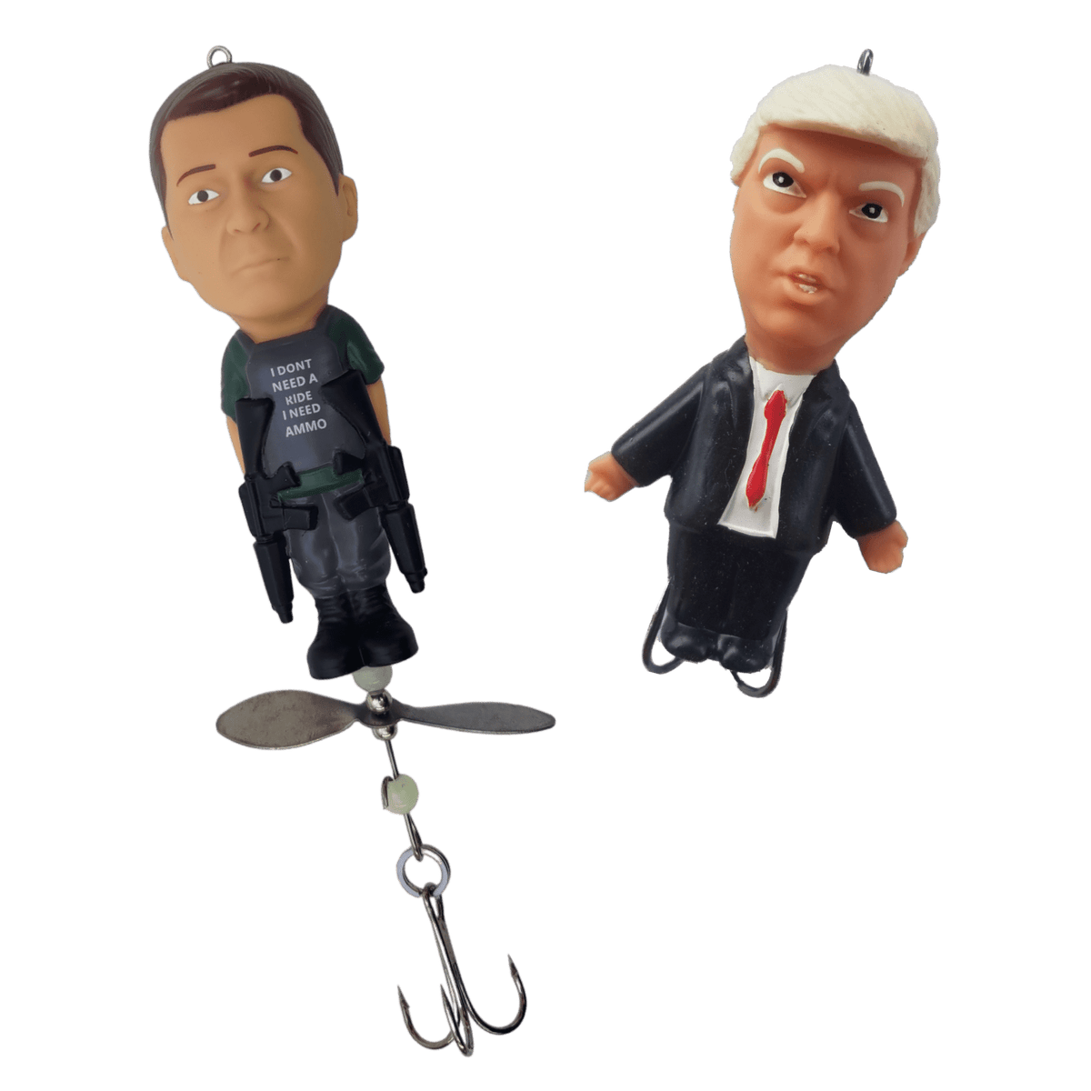 Two bobblehead figures on a fishing lure with a transparent background