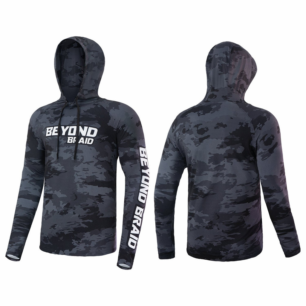 Camouflage hoodie with 'BEYOND BRAID' text on a white background
