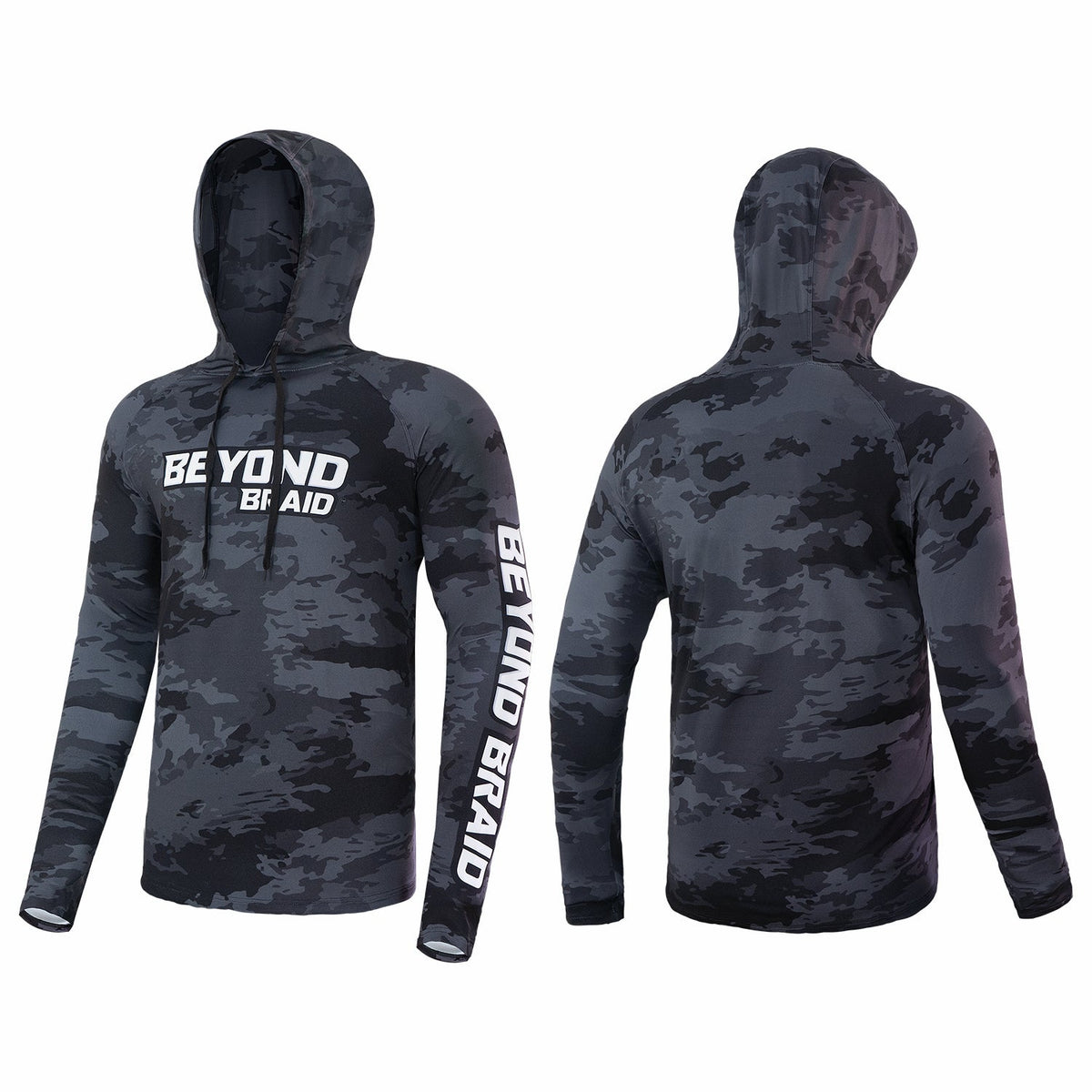 Camouflage hoodie with 'BEYOND BRAID' text on a white background