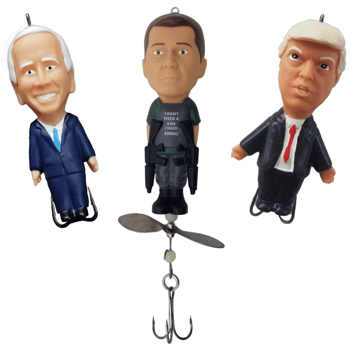 Three bobblehead figures of political figures with a fishing lure on a transparent background