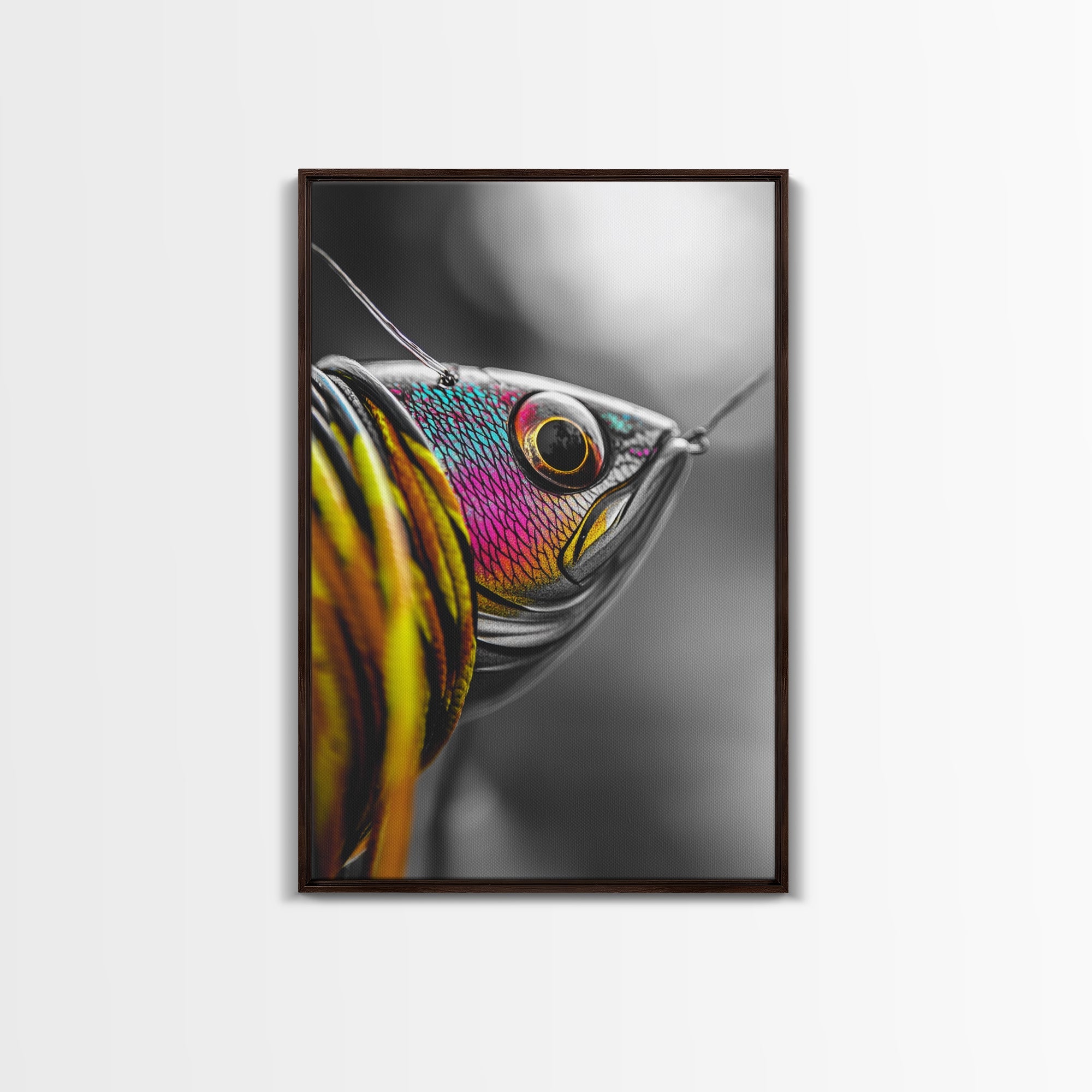 Colorful Lure, Fishing Hook, Bold Scales, Rainbow Detail, Framed Canvas Print, Man Cave Art, Fishing Decor, Vibrant Realism W