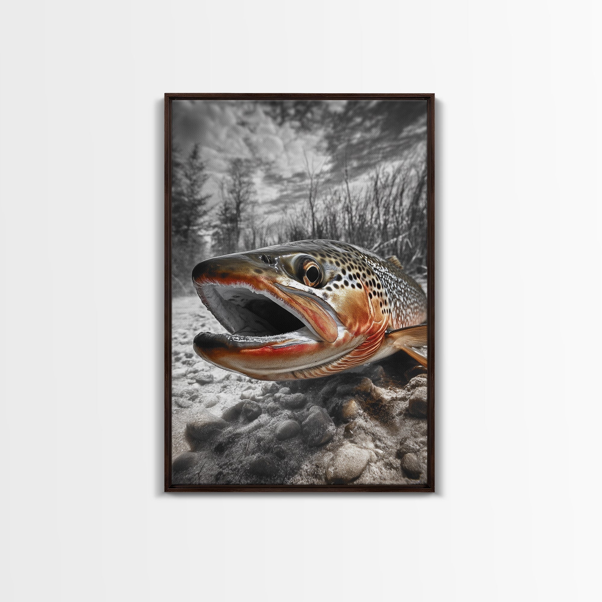 Brown Trout Closeup, Riverbed Focus, Dramatic Fish Art, Framed Canvas Print, Fisherman Gift, Cabin Wall Art, Rustic Outdoor D