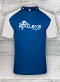 Blue and white t-shirt with 'Walleye Tuff' logo on a textured gray background