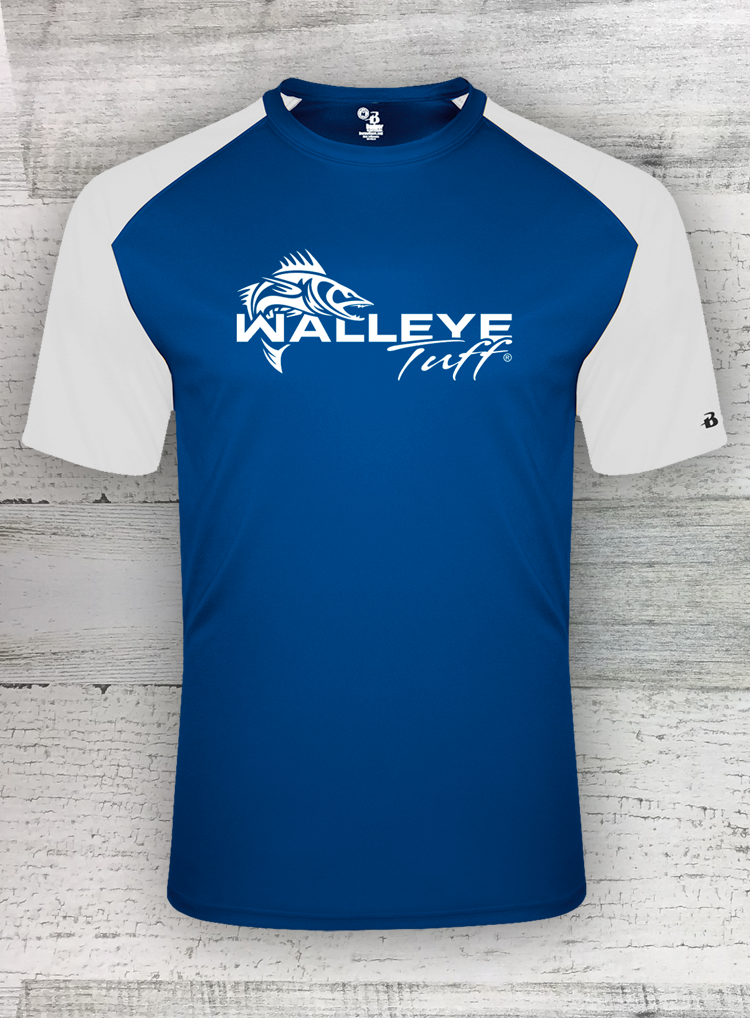 Blue and white t-shirt with 'Walleye Tuff' logo on a textured gray background