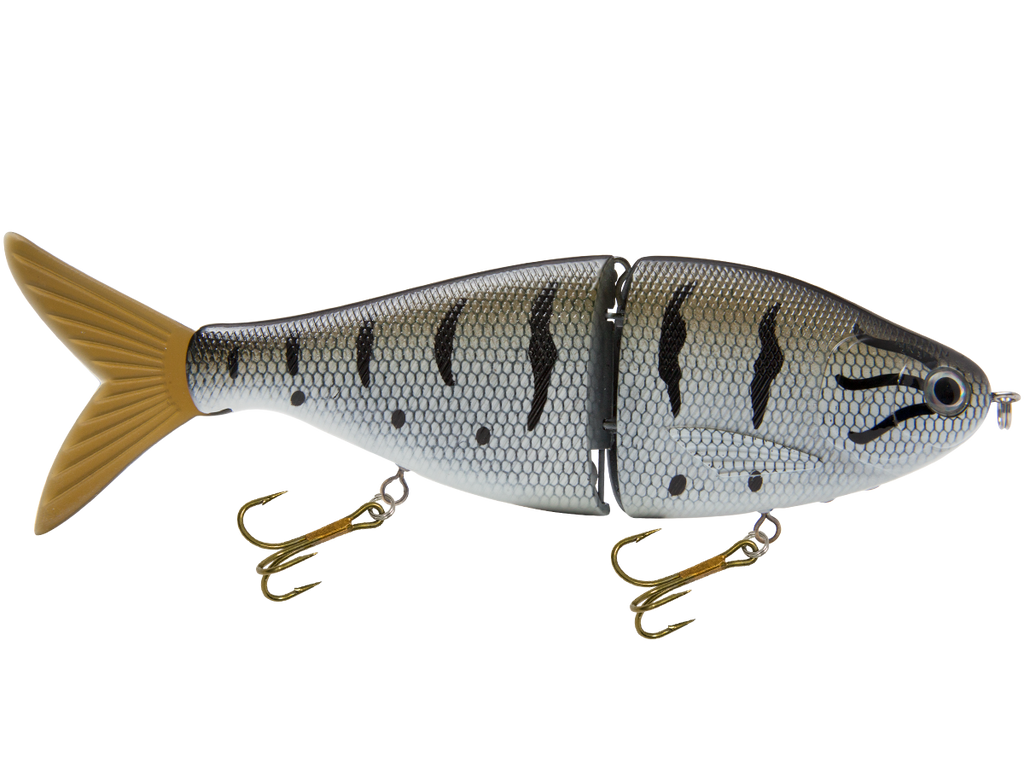 Fishing lure resembling a fish with a white and gray pattern on a white background