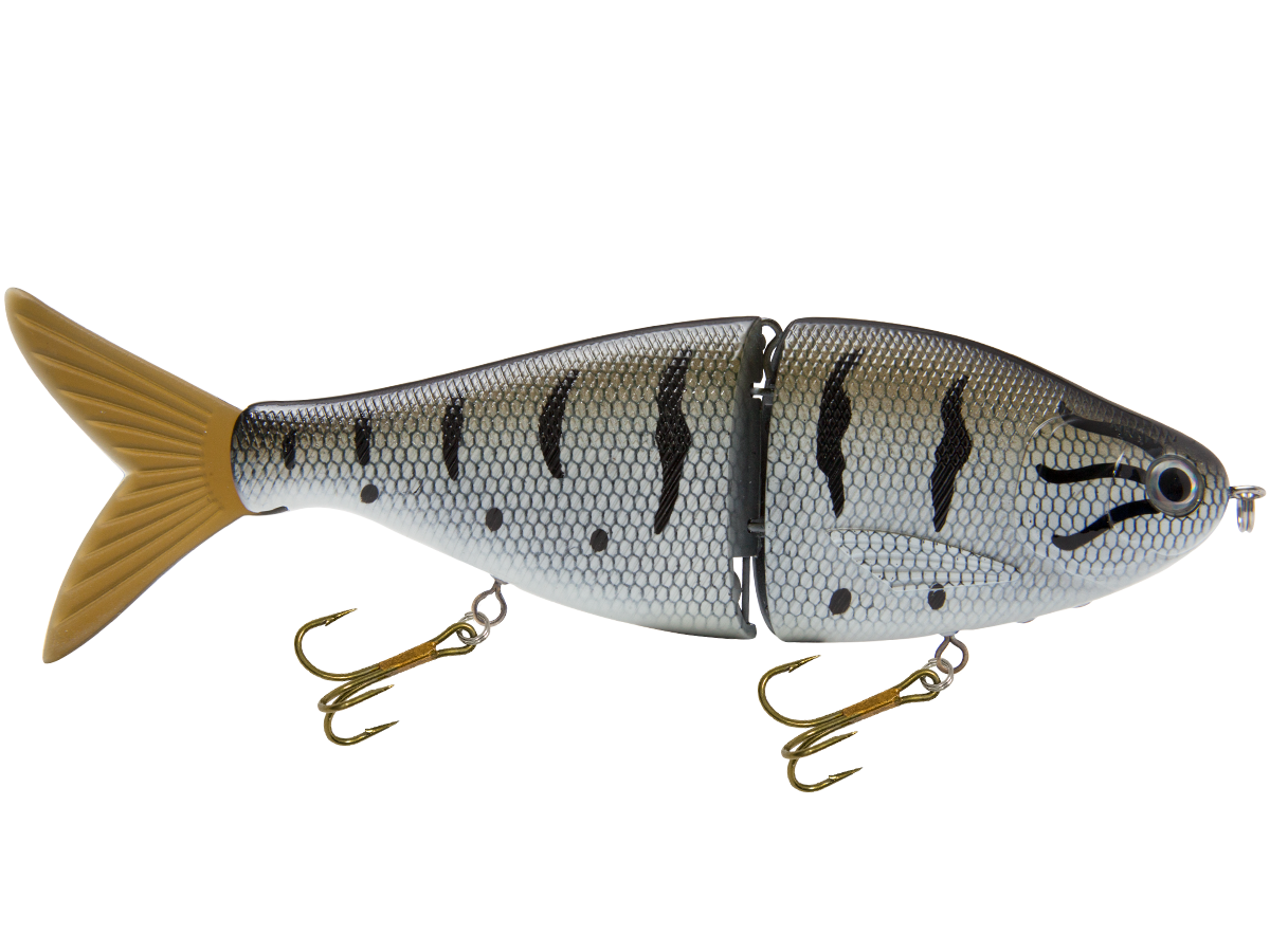 Fishing lure resembling a fish with a white and gray pattern on a white background