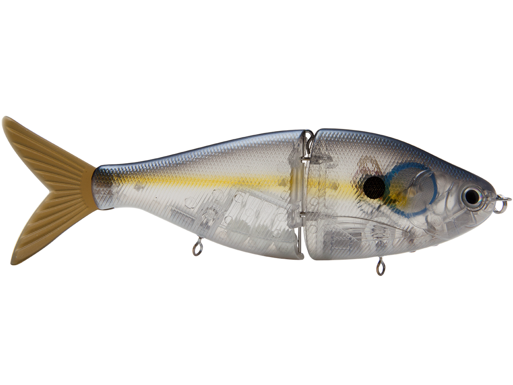 Fishing lure with a yellow stripe on a white background
