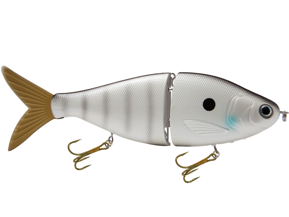 Fishing lure resembling a fish with gold hooks on a white background