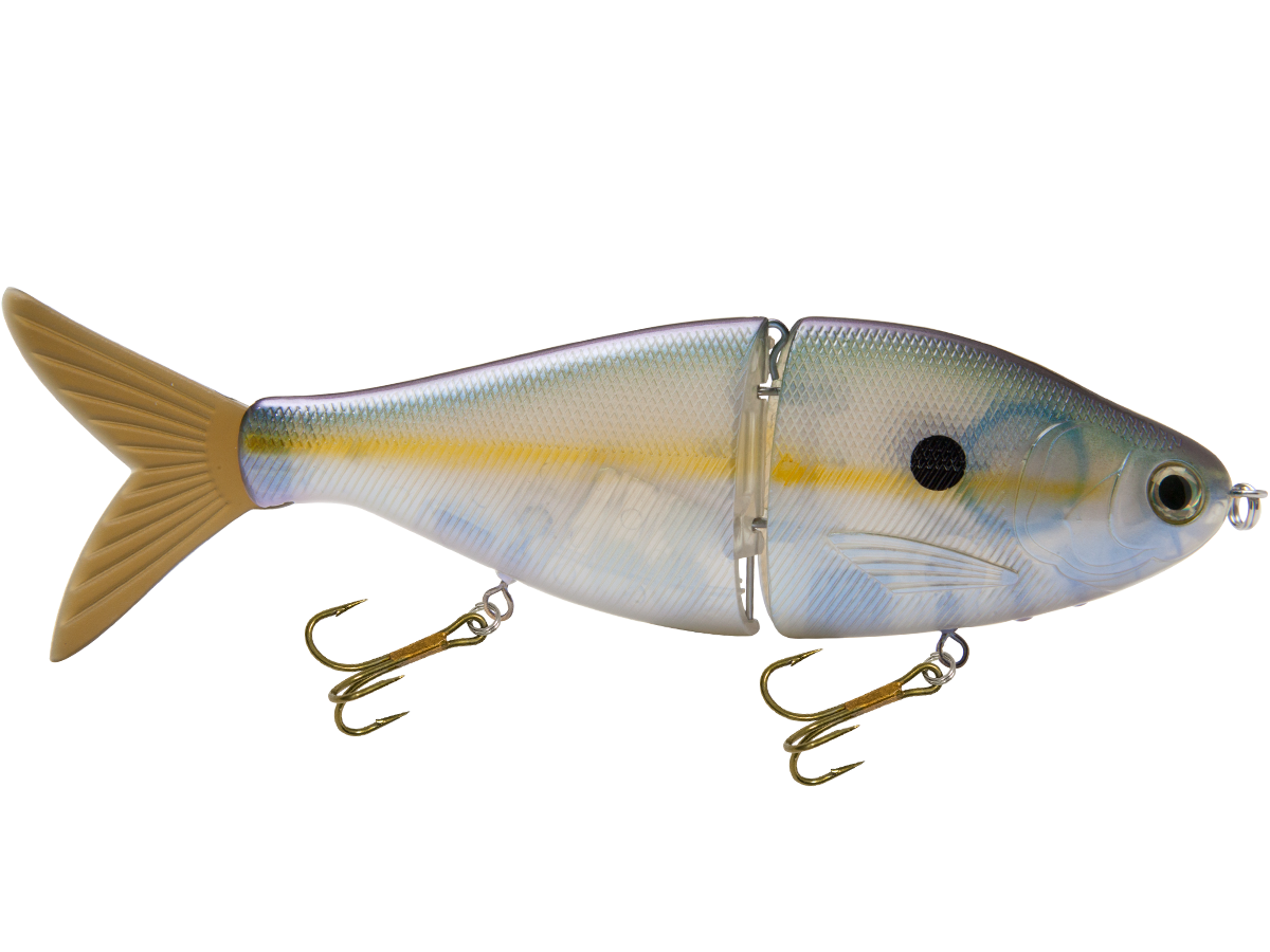 Fishing lure shaped like a fish with two hooks on a white background