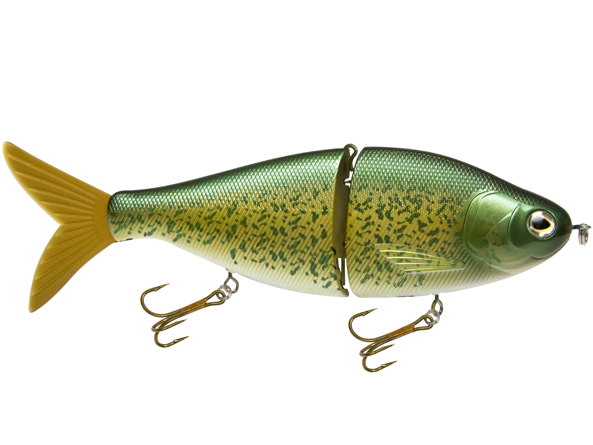 Green and yellow fishing lure with a white belly on a white background