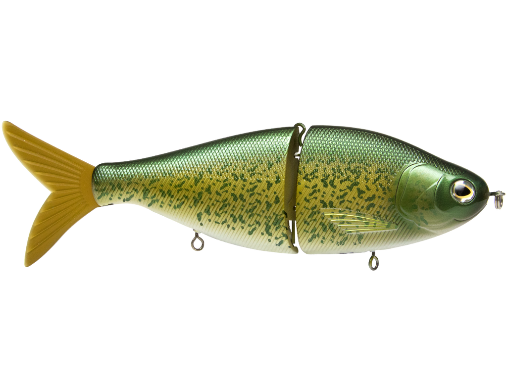 Green and yellow fishing lure on a white background