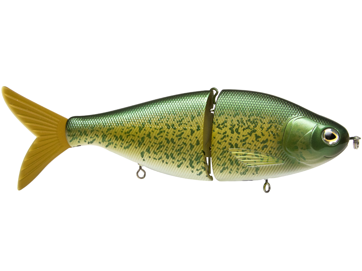 Green and yellow fishing lure on a white background