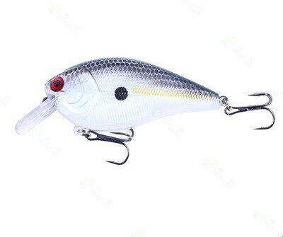 Fishing lure with a white body and red and black details on a white background