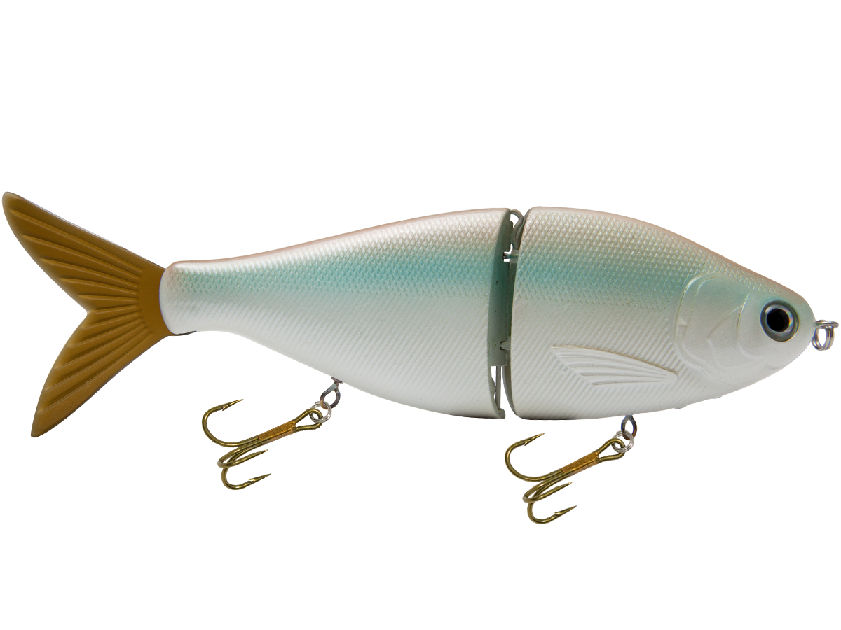 Fishing lure shaped like a fish with gold hooks on a white background