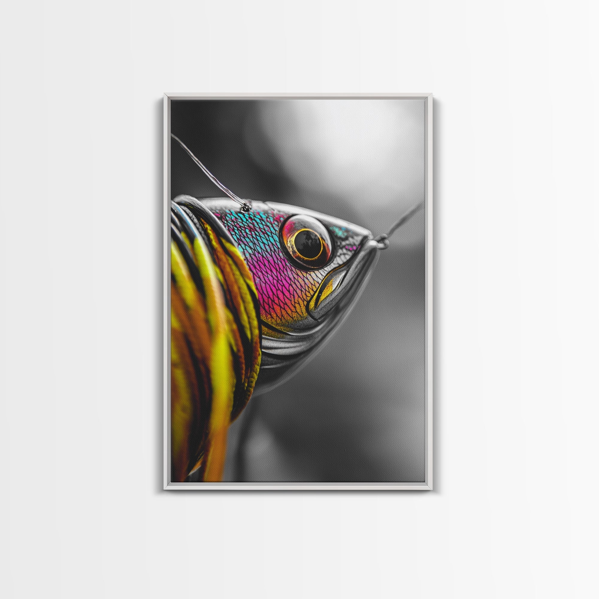 Colorful Lure, Fishing Hook, Bold Scales, Rainbow Detail, Framed Canvas Print, Man Cave Art, Fishing Decor, Vibrant Realism W