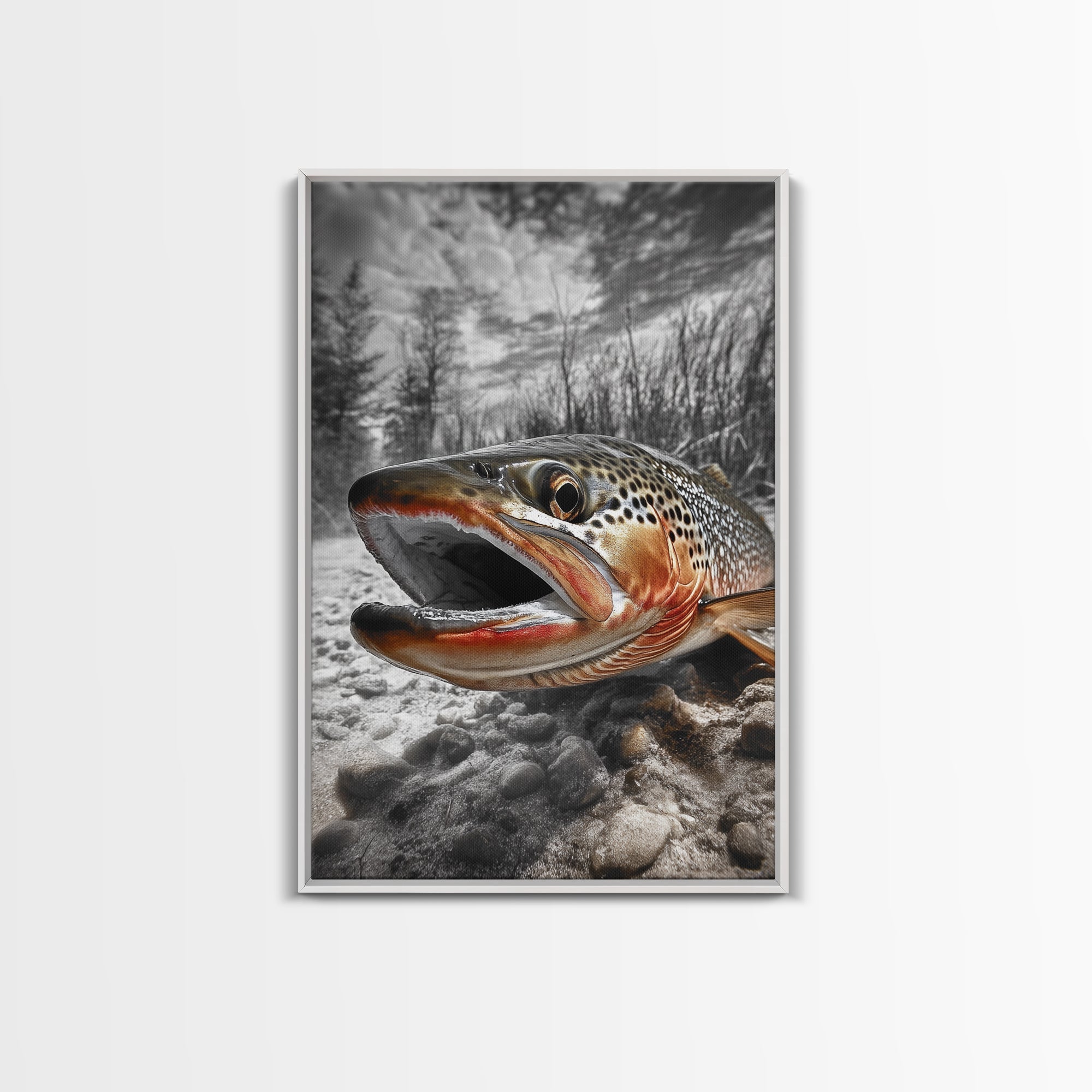 Brown Trout Closeup, Riverbed Focus, Dramatic Fish Art, Framed Canvas Print, Fisherman Gift, Cabin Wall Art, Rustic Outdoor D
